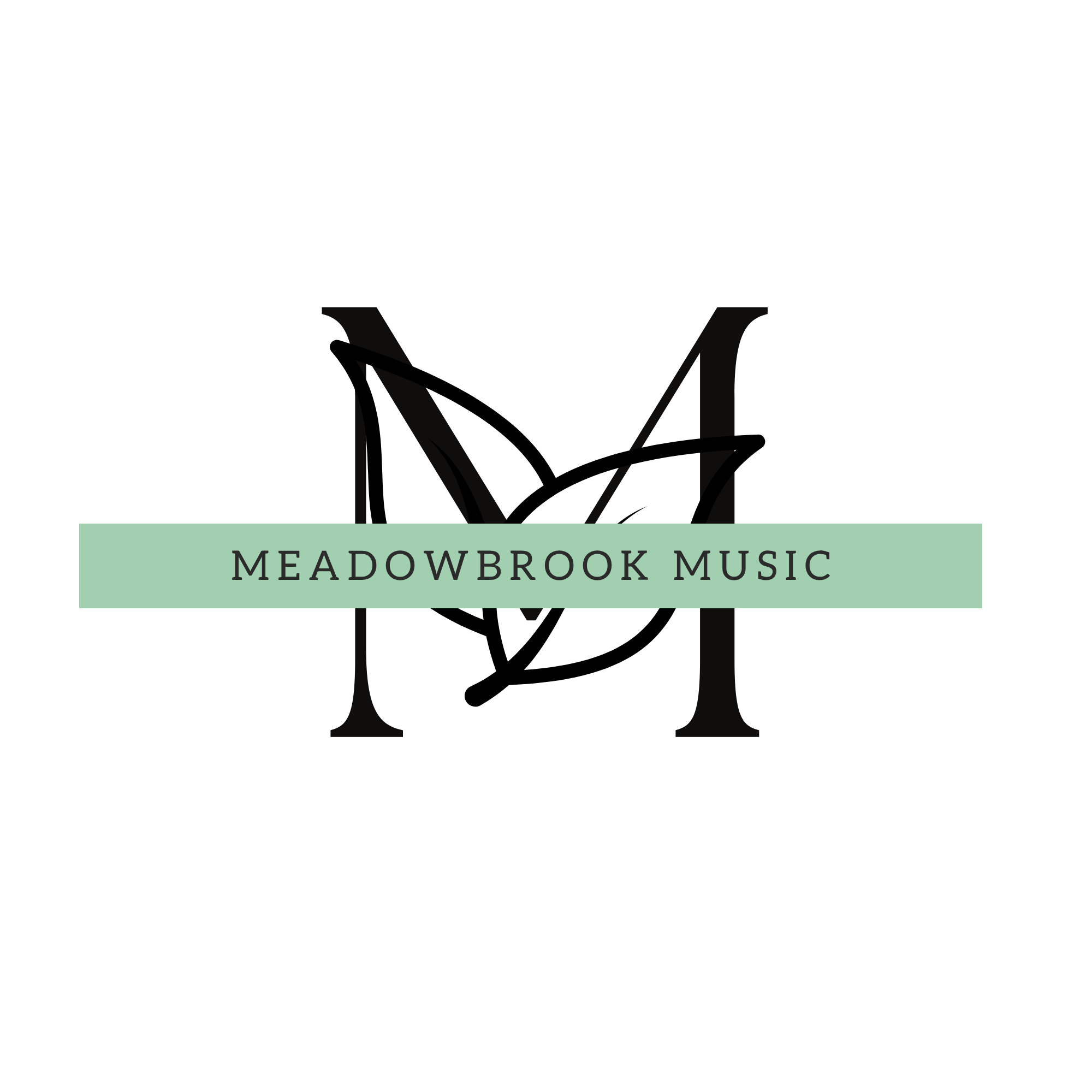 Black-and-white illustration of a rocking chair with a leaf in the background and the text 'Meadowbrook Music' on a green banner.