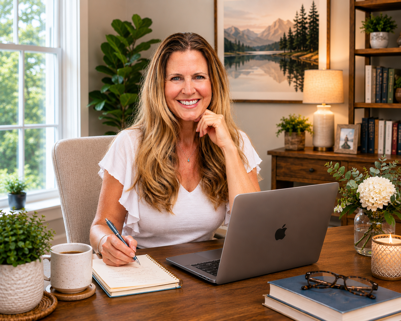 A woman sitting at a wooden desk, smiling, with a laptop, notebook, and pen, in a well-lit room decorated with plants, books, and artwork.
