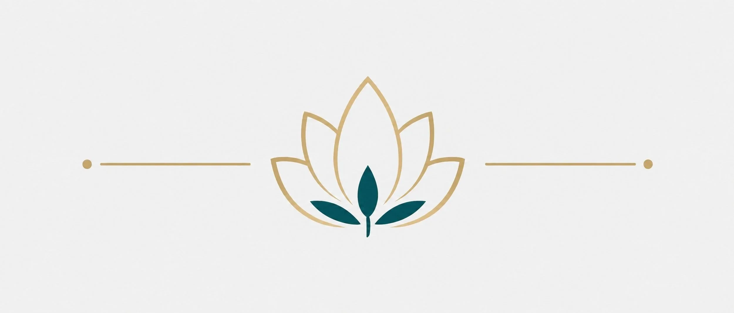 A minimalist logo of a stylized lotus flower in gold outline with dark teal inner leaves on a light gray background.