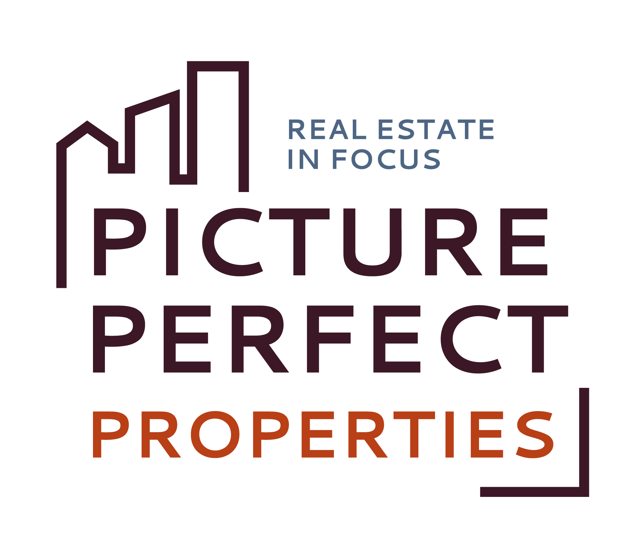 Logo with a stylized house and bar chart and the words 'Real Estate in Focus' above 'Picture Perfect Properties' in multicolored text.