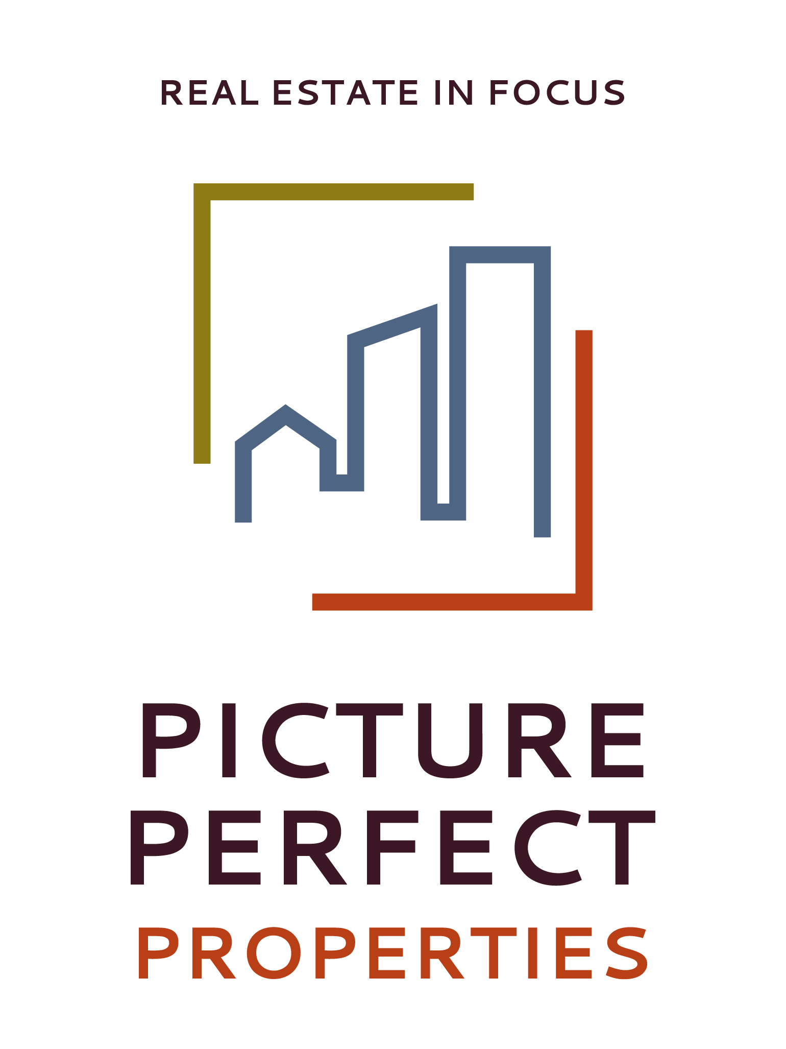 Graphic with the text 'Real estate in focus' and 'Picture perfect properties' and a stylized house outline.