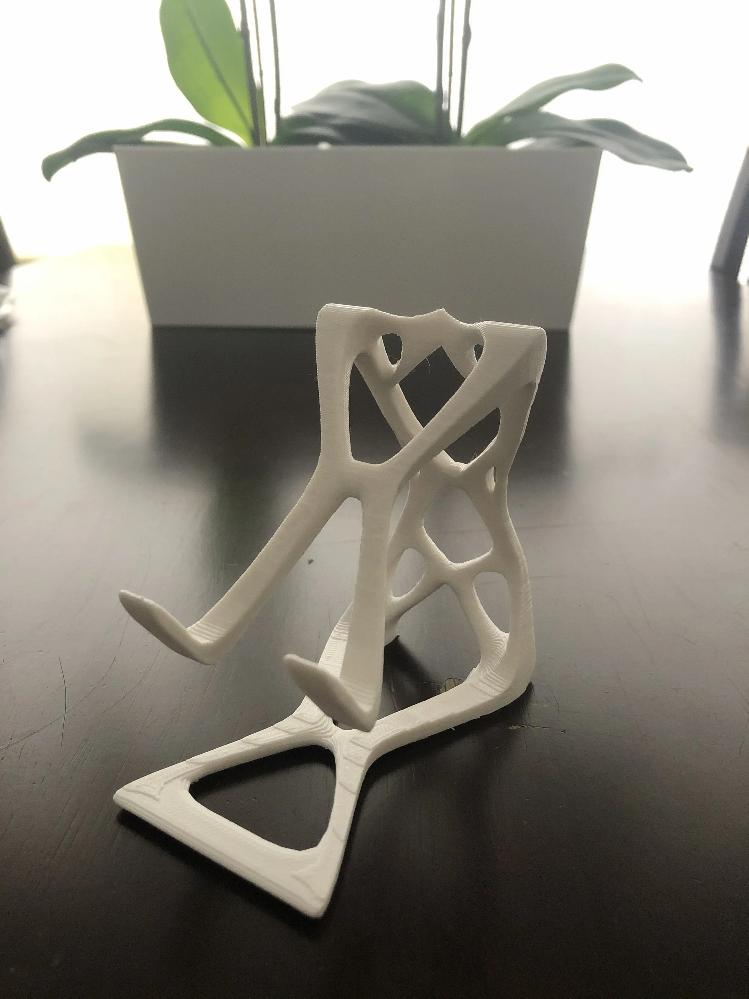 White 3D-printed bone model on a dark surface with a potted plant and backlit window in the background.