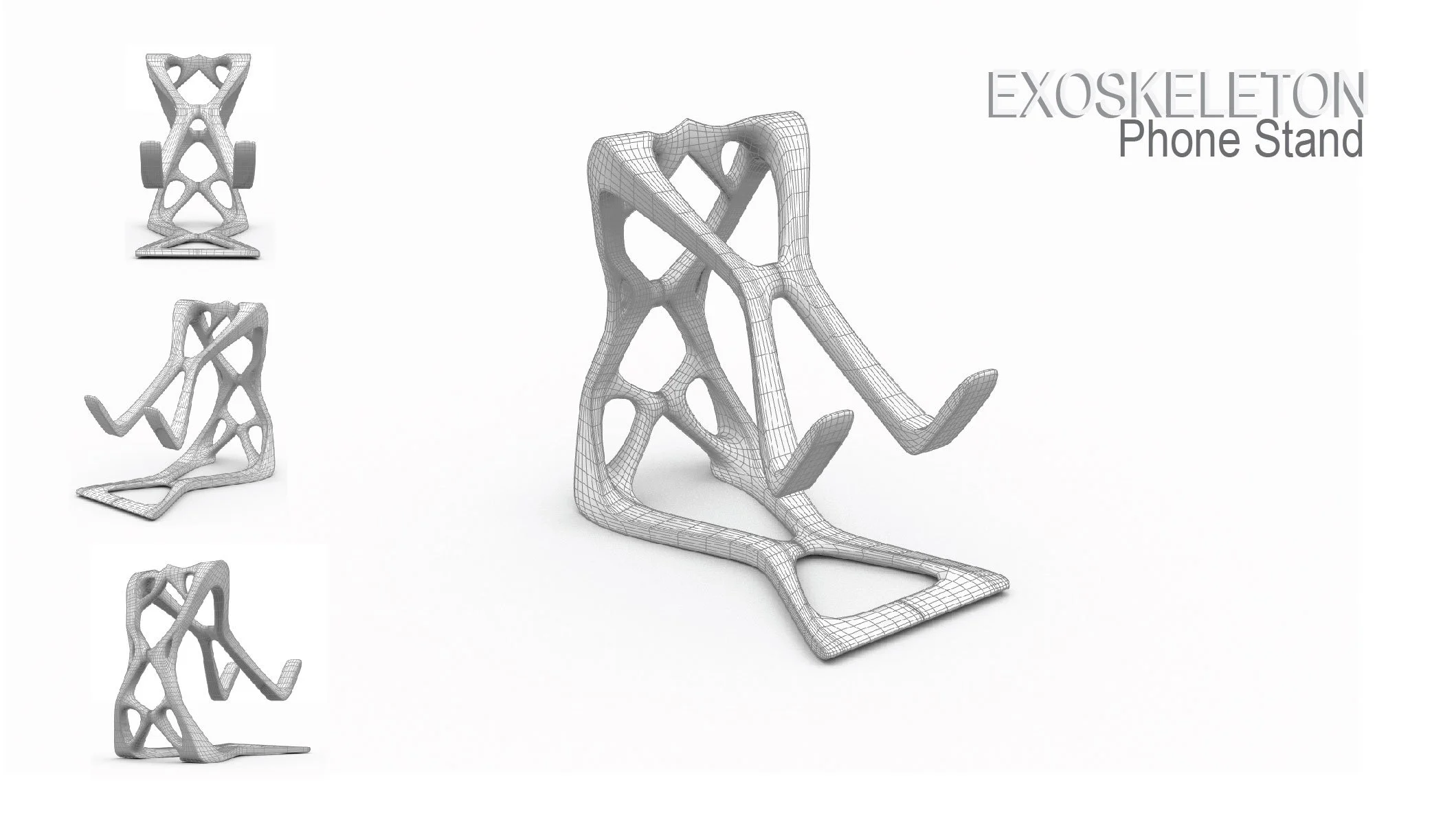 3D wireframe model of an exoskeleton phone stand, shown from front, side, and angled views, with text "EXOSKELETON Phone Stand" on a white background.