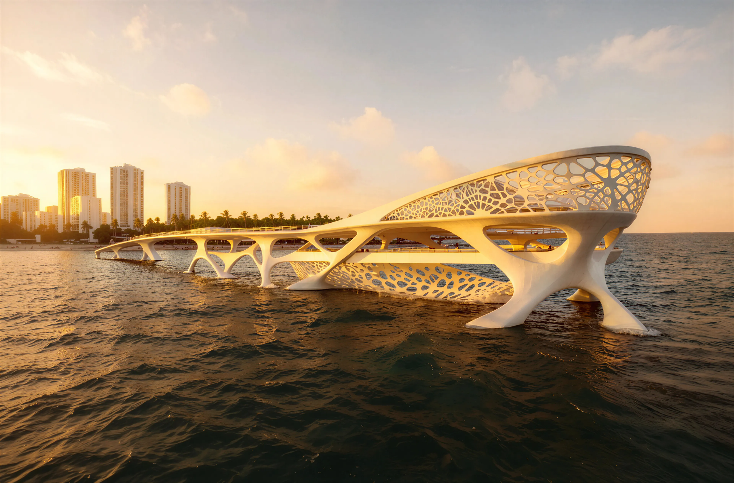 A modern, futuristic building with an intricate geometric design is situated on the water, with a city skyline and palm trees in the background during sunset.