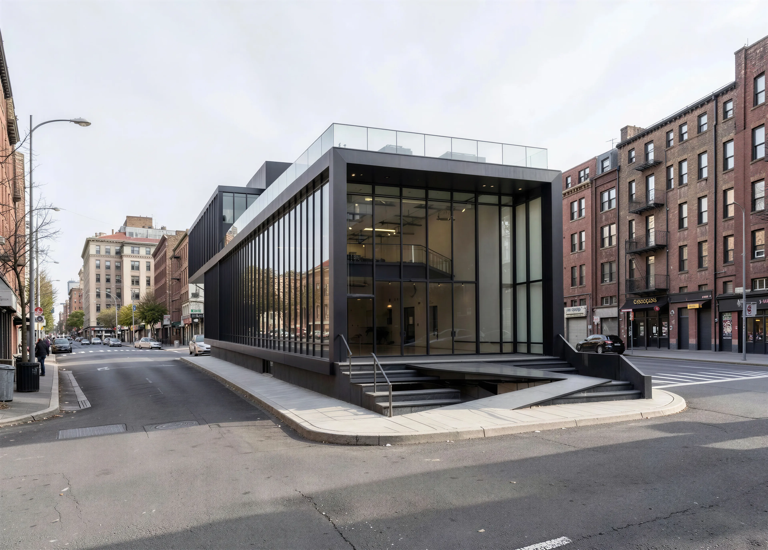Modern glass building on a city street surrounded by older brick buildings with small businesses on the ground floor, street lights, trees, and parked cars.