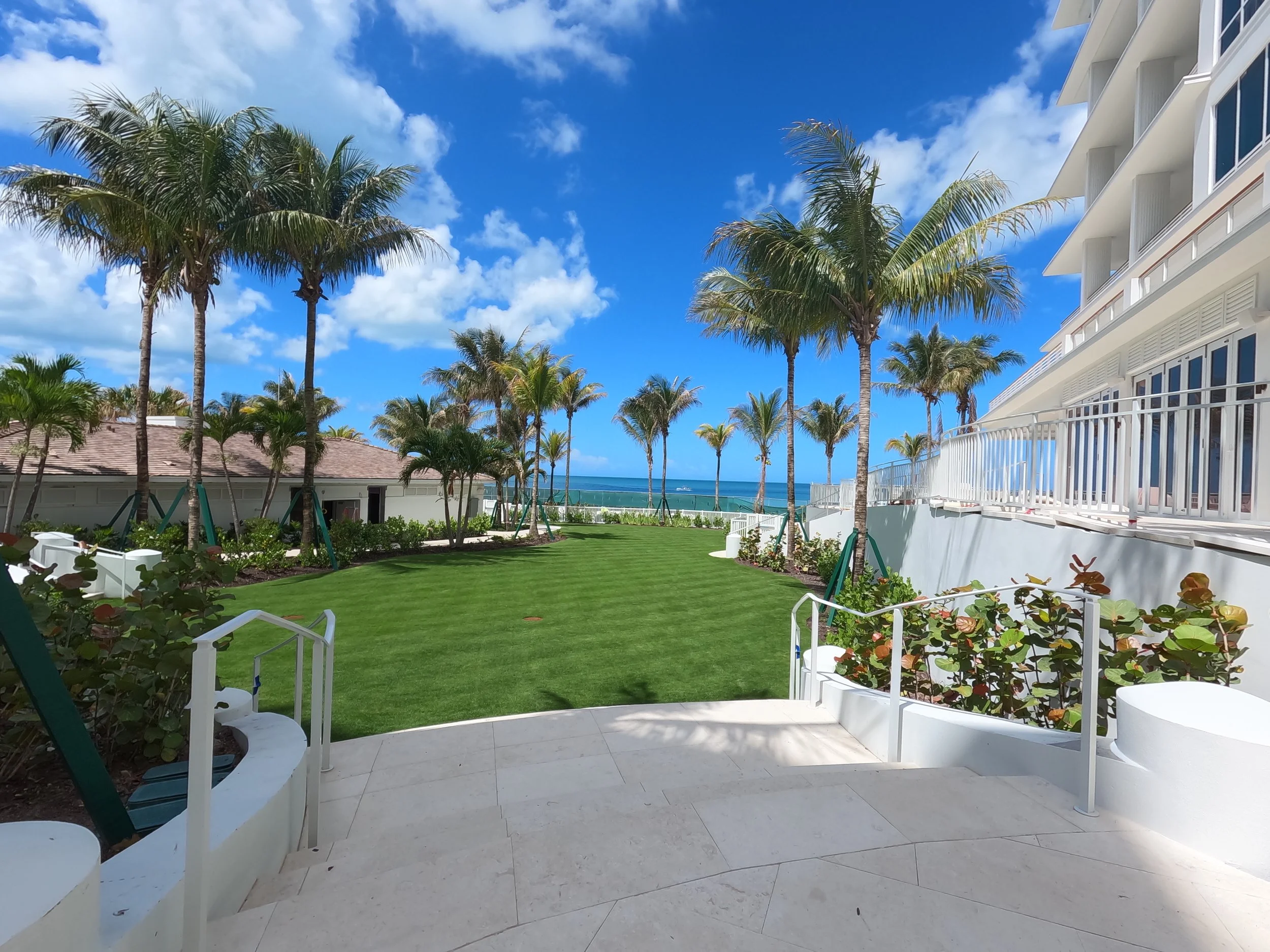 View of a sunny outdoor area with palm trees, a well-maintained lawn, and a white building with balconies, overlooking the ocean in the background.