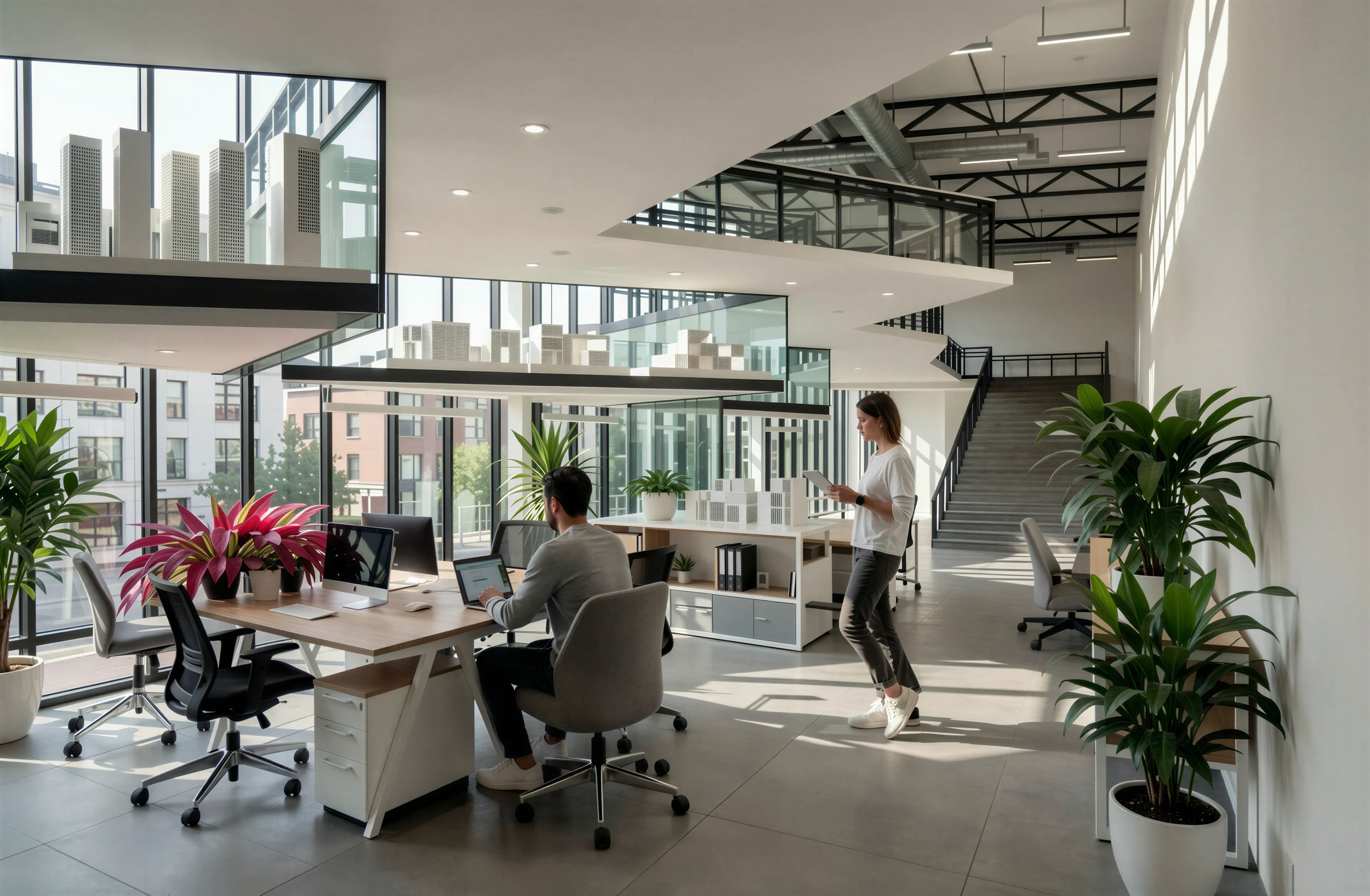 Open-plan modern office with large windows and a cityscape view, featuring workstations, potted plants, and two employees working and standing.