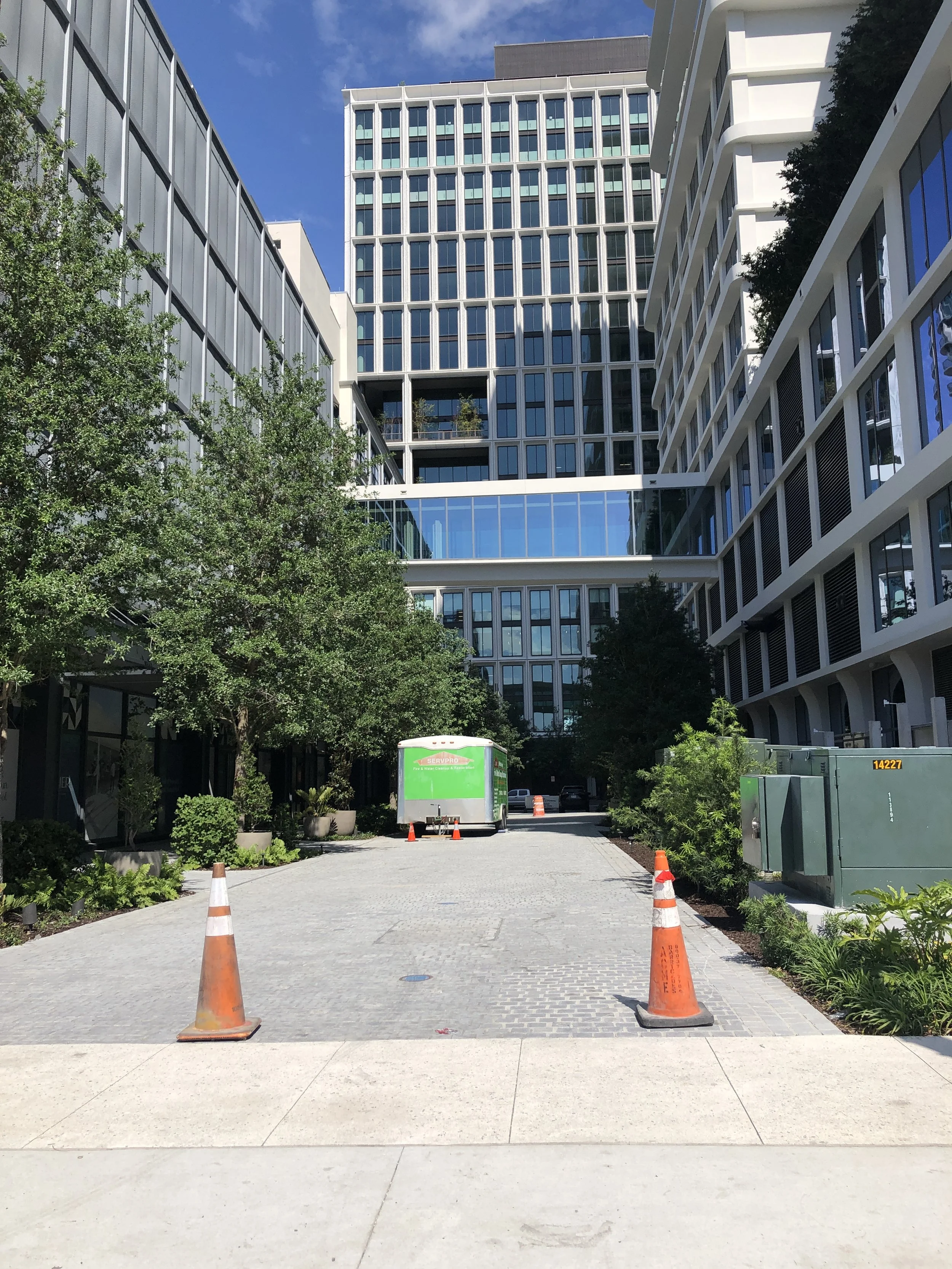 A walkway in an urban area with trees and bushes on either side, surrounded by modern office buildings. There are orange traffic cones and a green utility box in the foreground, with a large building in the background under a partly cloudy sky.