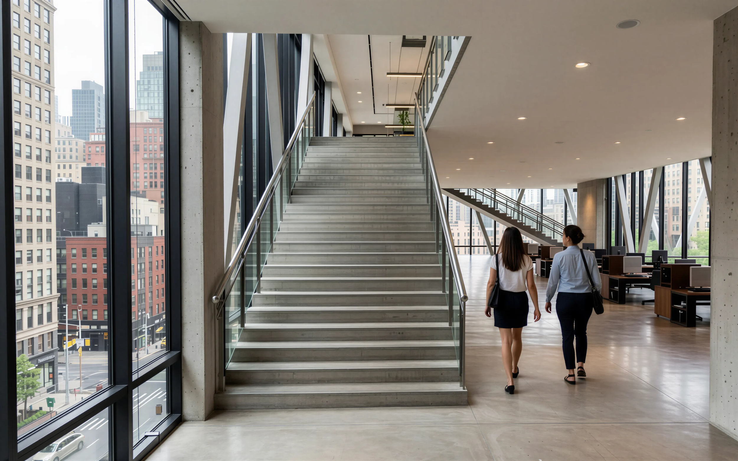 Interior of a modern office building with large floor-to-ceiling windows showing city skyscrapers outside. There is a wide concrete staircase with glass and metal railings leading to the upper floor. Two women in business attire walk together past a 
