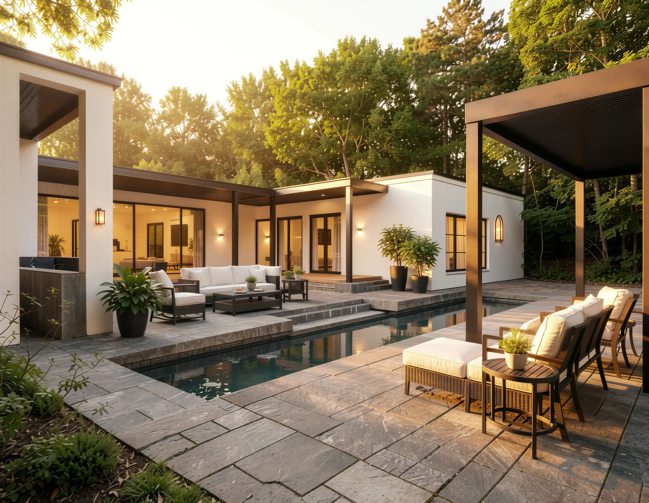 Modern house with large windows, outdoor patio, swimming pool, and surrounded by lush trees, illuminated by sunset lighting.