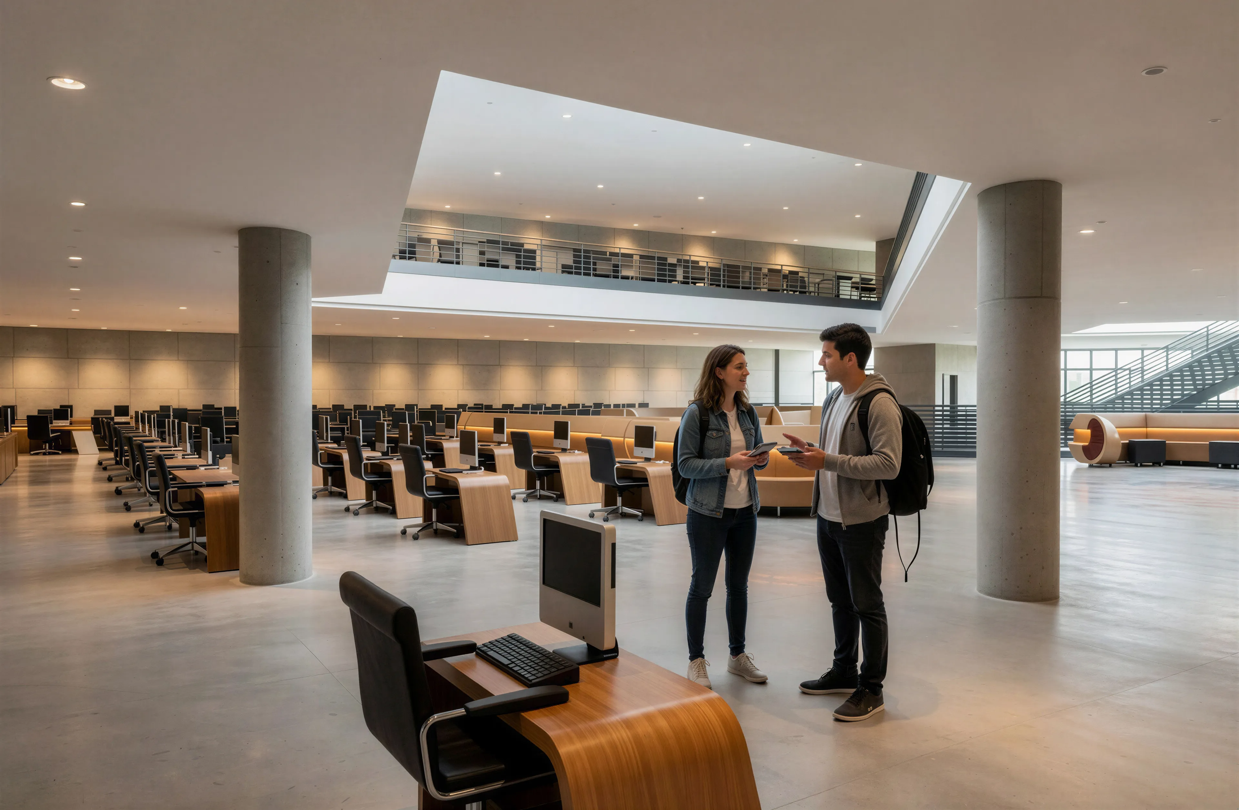 Two young people, a female and a male, standing and talking inside a modern, spacious library or study area with rows of desks and computers.