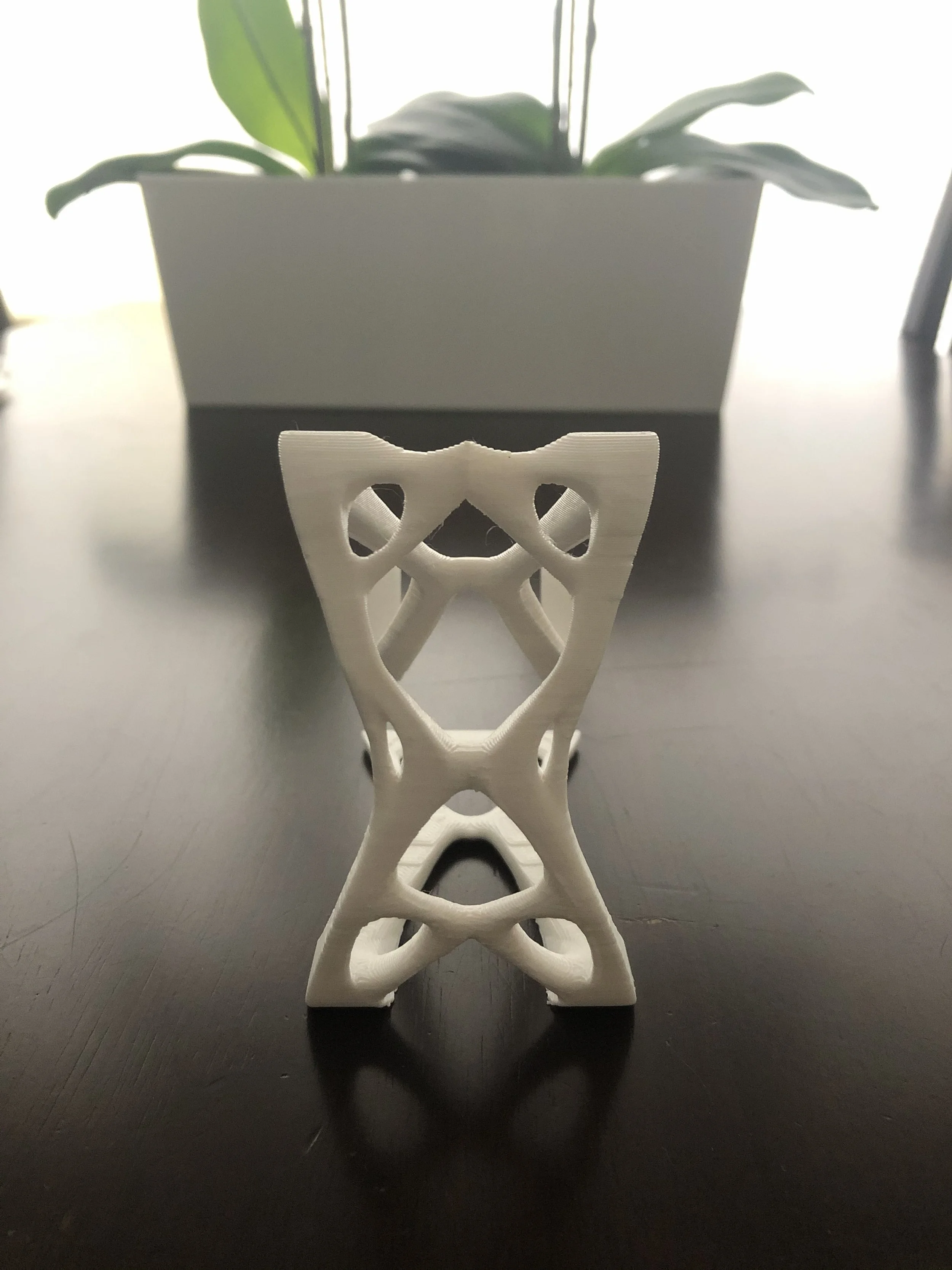 A white 3D-printed model of a cat standing on a black surface, with a white box and green plant in the background.