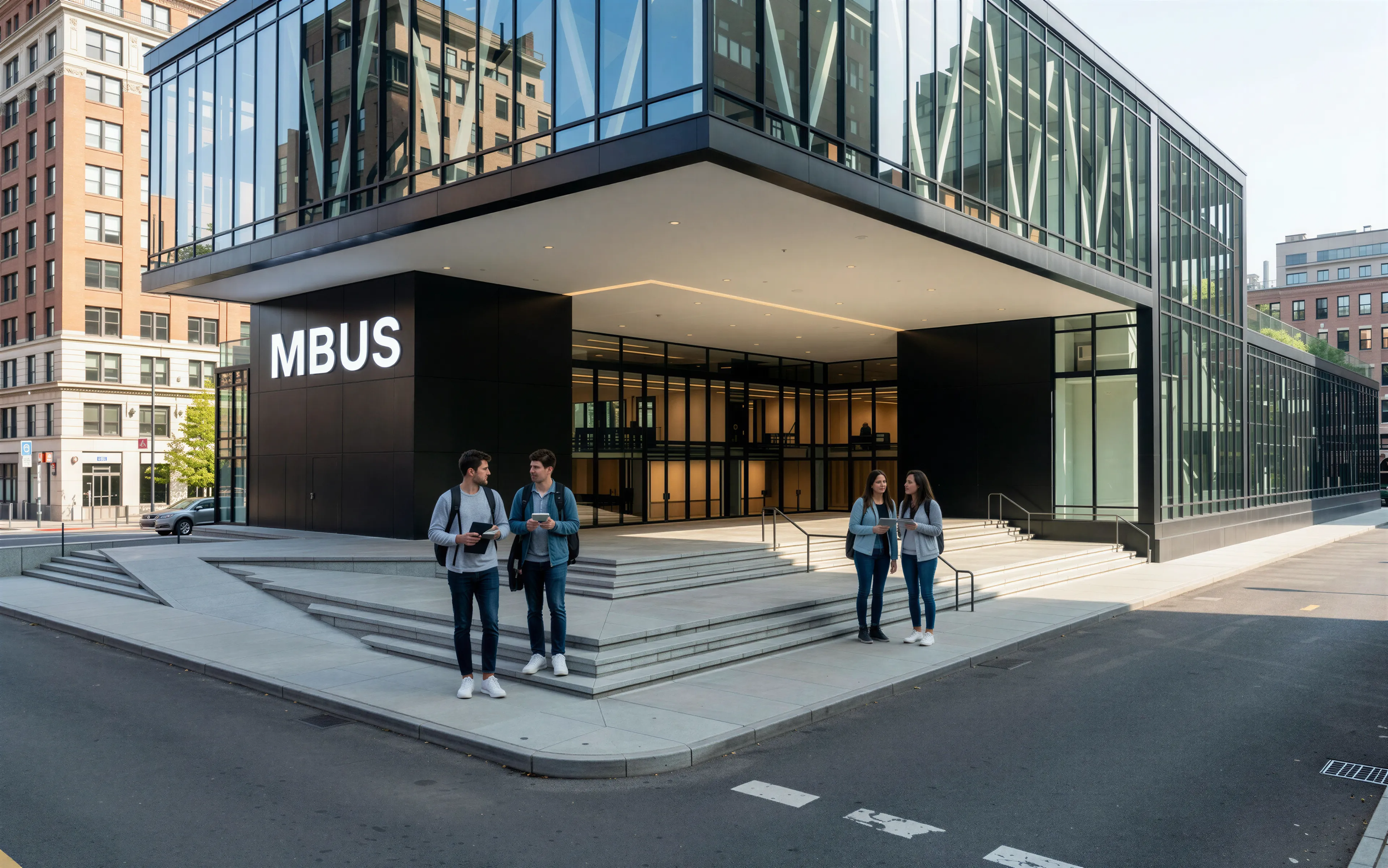 Modern glass building with the abbreviation 'MBUS' on a black sign, with four young people talking and walking out front, in an urban setting with adjacent buildings and a sidewalk.