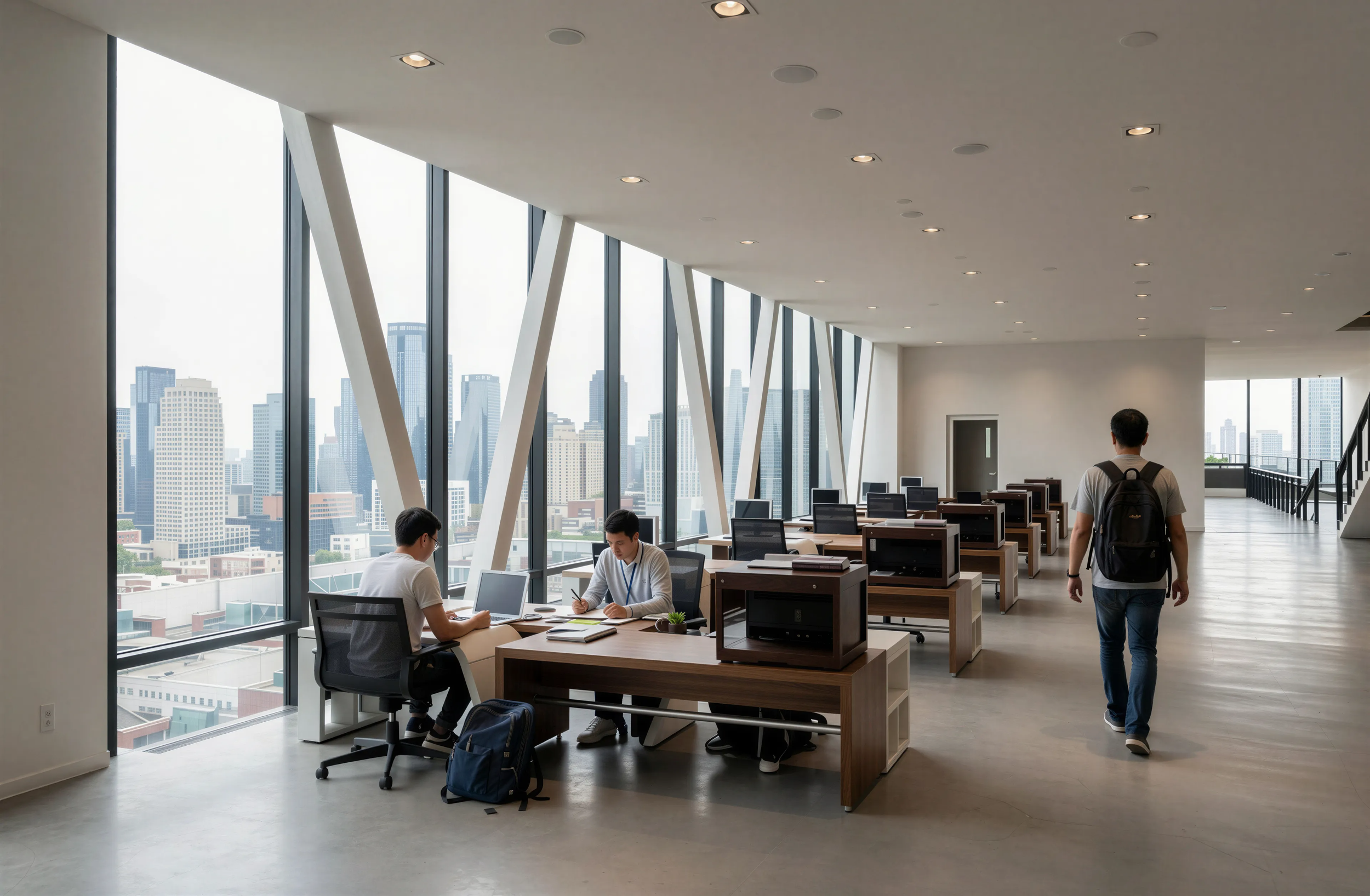 Modern office space with large floor-to-ceiling windows overlooking a city skyline. There are multiple desks with computers and three men working or walking around, one carrying a backpack and two seated at their desks.