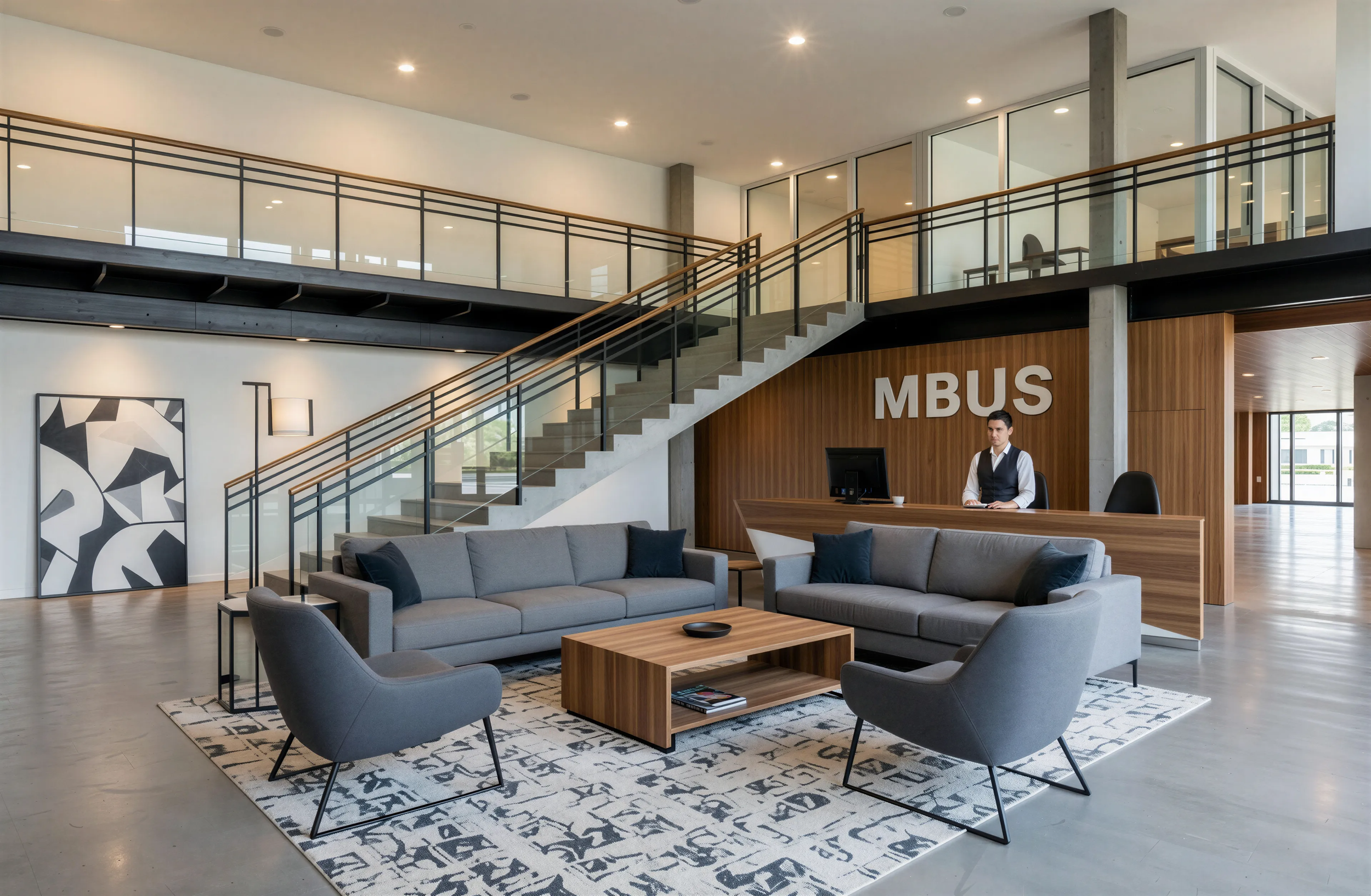 Modern office lobby with seating area, stairs, and a reception desk labeled 'MBUS'.