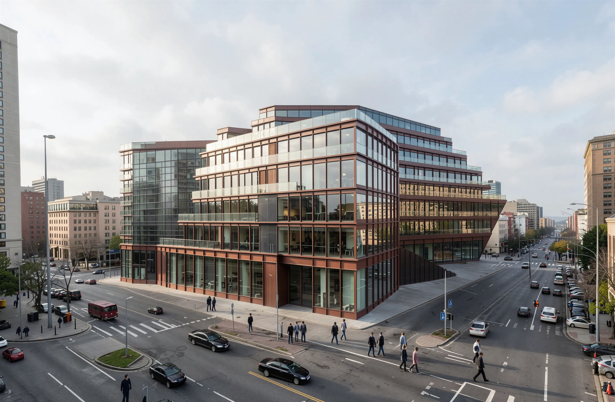 A modern multi-story office building with glass windows and terraces situated at a city intersection, surrounded by cars and pedestrians.