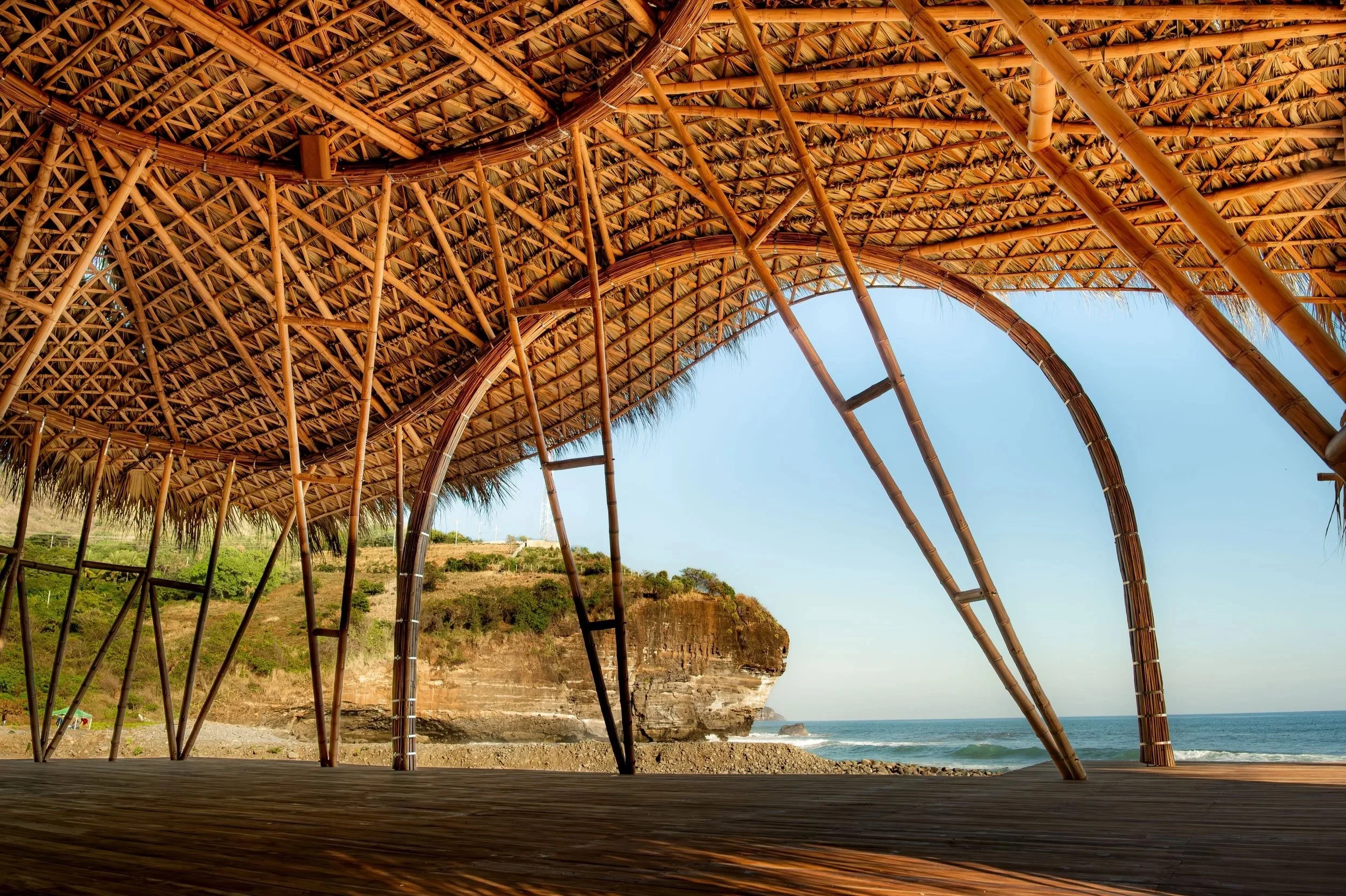 Looking up through the thatched roof of a beach hut towards the clear sky and ocean in the background.