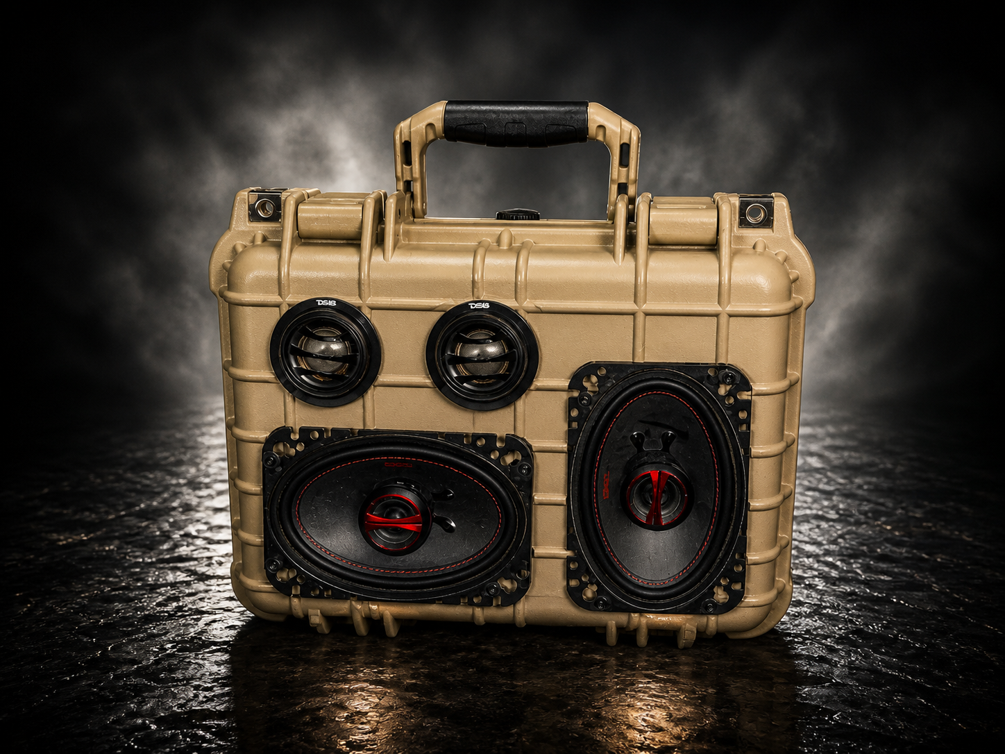 A beige portable speaker with multiple speakers and a handle on top, placed on a dark textured surface with dramatic lighting.