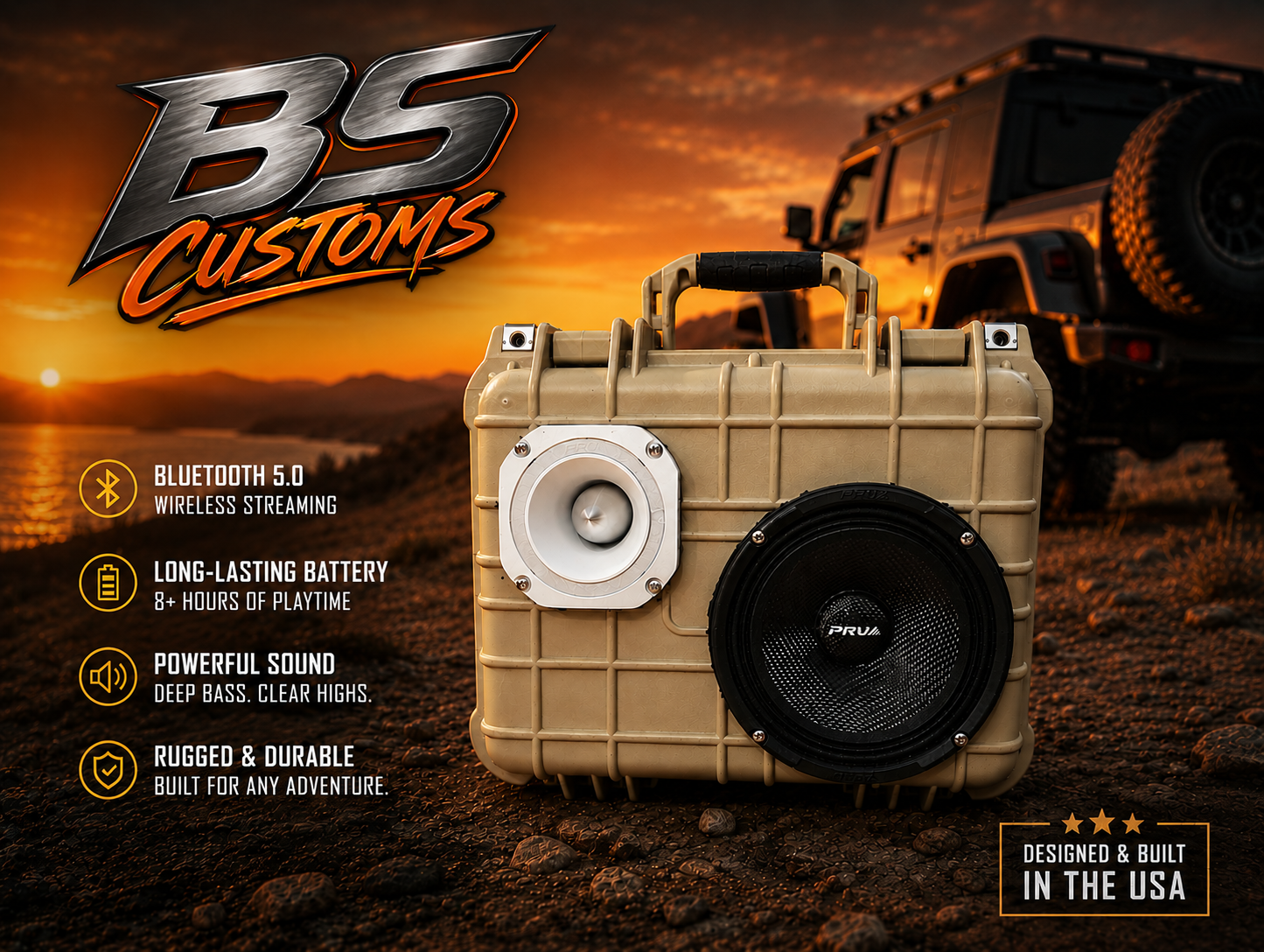 BS Customs creates rugged portable Bluetooth speakers built for adventure. Custom audio, serious sound, rechargeable power, and models powered by your tool batteries.