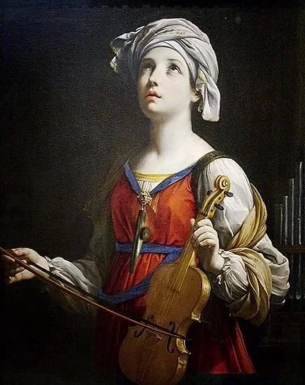 Une femme jeune, avec un turban, tenant un violon et un archet, portant une robe colorée, dans un style de peinture classique.
