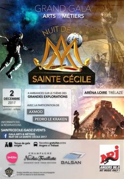 Affiche pour un événement culturel intitulé 'Sainte Cécile' avec une date du 2 décembre 2017, mentionnant le Grand Gala Arts et Métiers, la Nuit des Grandes Explorations, au stade Azmood, avec des logos de différentes organisations et une image de la Tour Eiffel en arrière-plan.