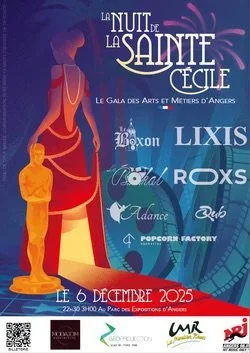 Affiche d'un événement intitulé 'La Nuit de la Sainte Cécile' avec date 6 décembre 2023, incluant divers logos de sponsors et organisateurs.