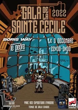 Affiche promotionnelle pour la Gala de la Sainte Cécile 2022, avec une illustration d'un homme dirigeant une cabine de pilotage de spaceship ou de cockpit futuriste.