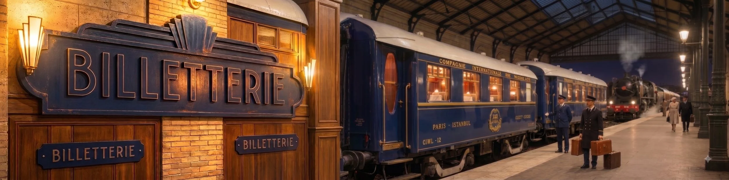 Une station de train vintage avec un train à vapeur et des passagers avec des valises, scene nocturne.
