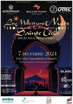 Affiche promotionnelle pour le gala artistique 'Les Mille et une Nuits' à Saint-Cecile, Angers, le 7 décembre 2024, avec des logos de sponsors et des illustrations nocturnes.
