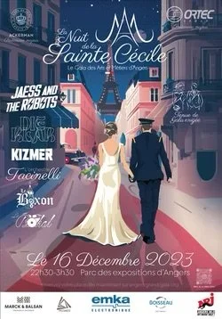 Affiche promotionnelle d'un événement artistique à Angers en décembre 2003, montrant un couple vêtu élégamment marchant dans une rue animée de la ville, avec divers noms d'artistes et détails de l'événement.
