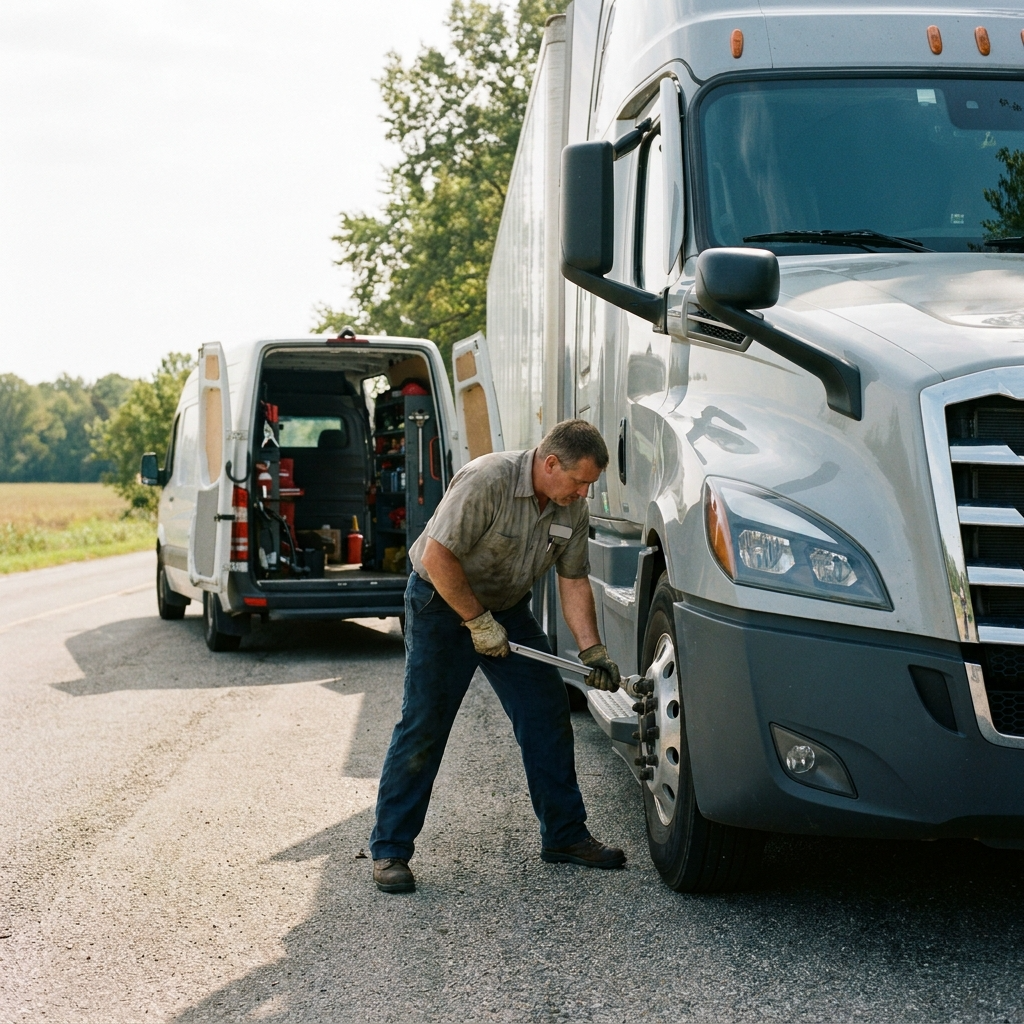 A man changing a flat tire on a large white semi-truck on the roadside, with a service van parked behind him containing tools and equipment.