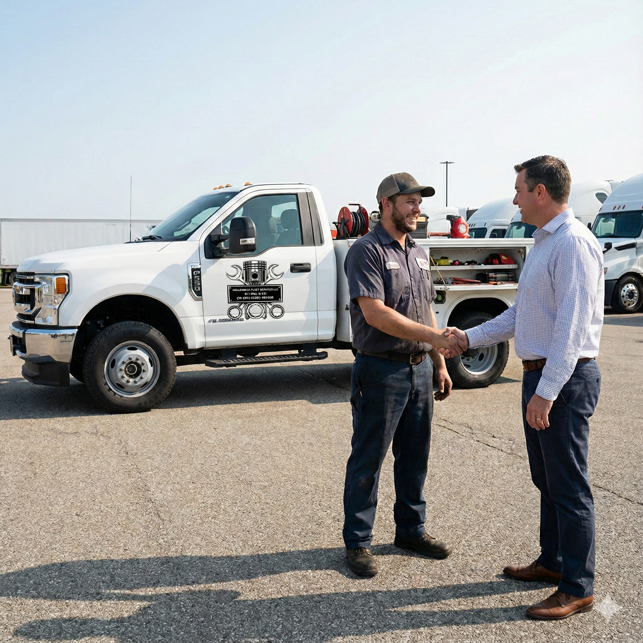 Two men are shaking hands outdoors near a white pickup truck. One is wearing a baseball cap and work uniform, and the other is dressed in a button-up shirt. There are other trucks in the background, suggesting a commercial or industrial setting.