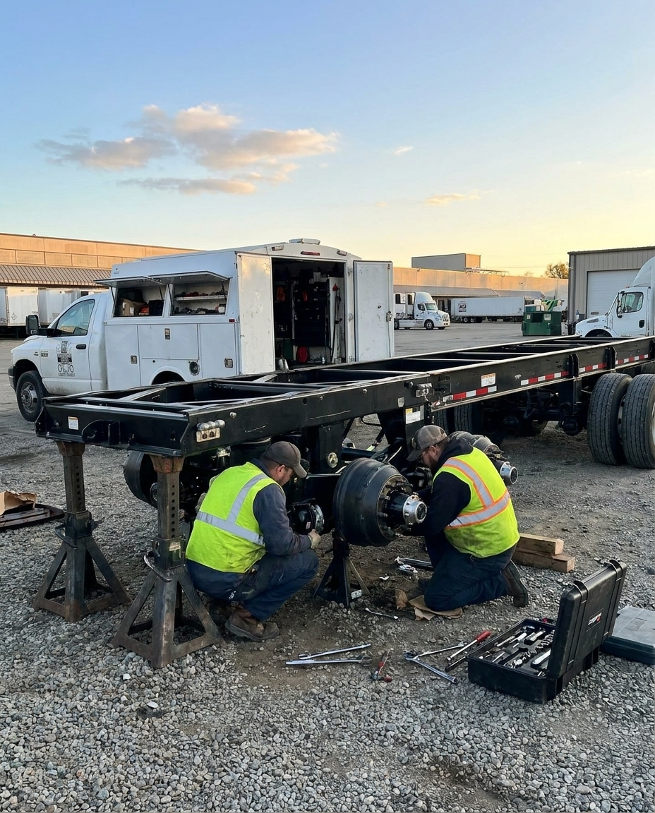 Two workers in reflective vests repairing or assembling a large vehicle axle or wheel hub on a black flatbed truck frame, in an outdoor lot with other trucks and equipment visible in the background.