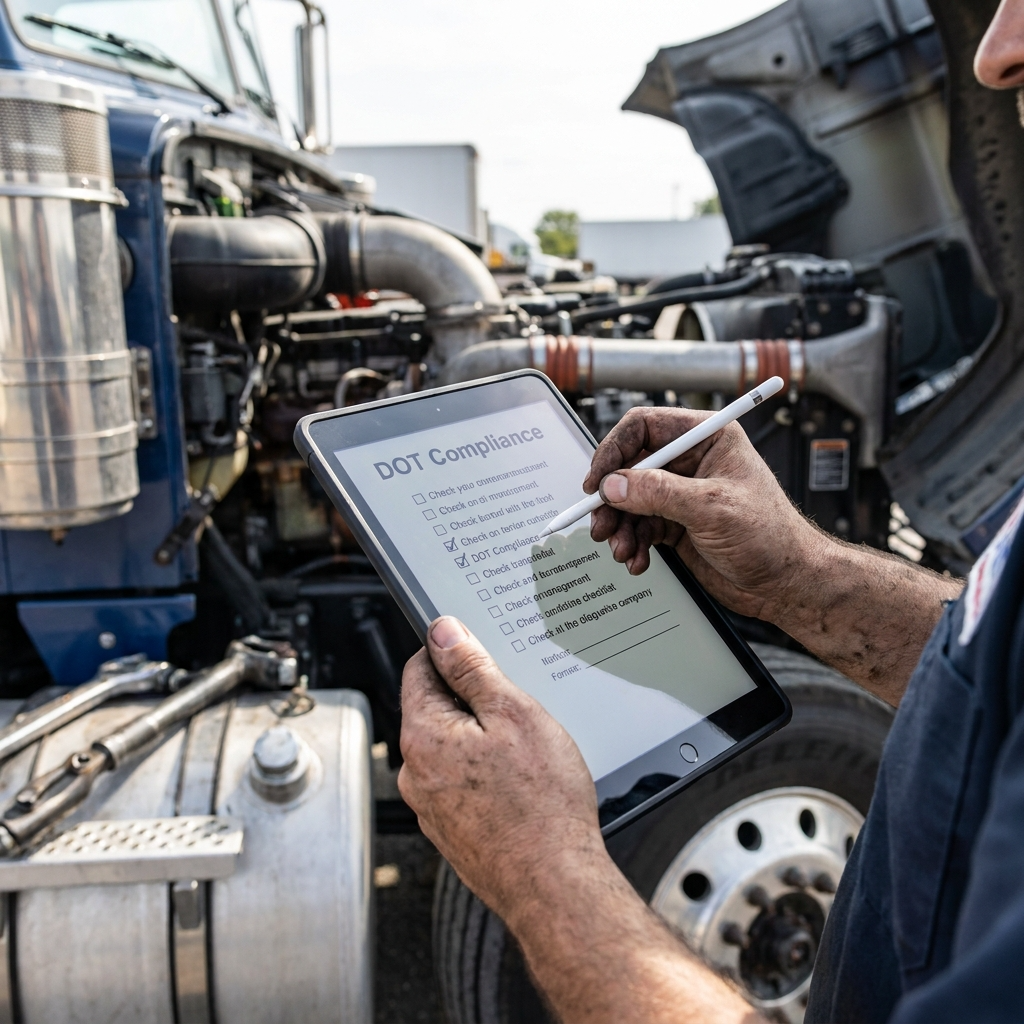 A person working on a truck checks off items on a digital checklist for DOT compliance with a stylus, while the truck's hood is open, revealing the engine.
