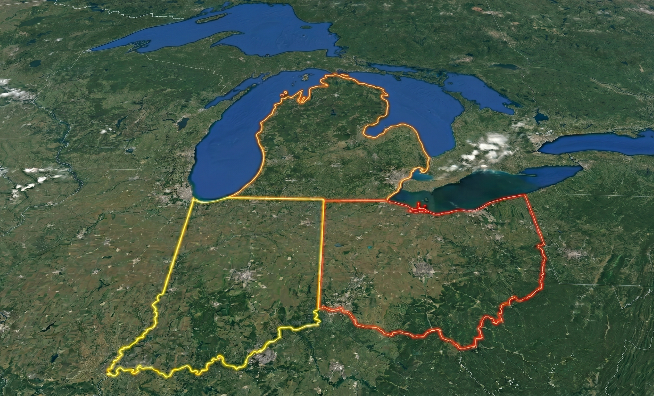 This is a satellite map showing the overhead view of Michigan, Ohio, and Indiana, highlighted.