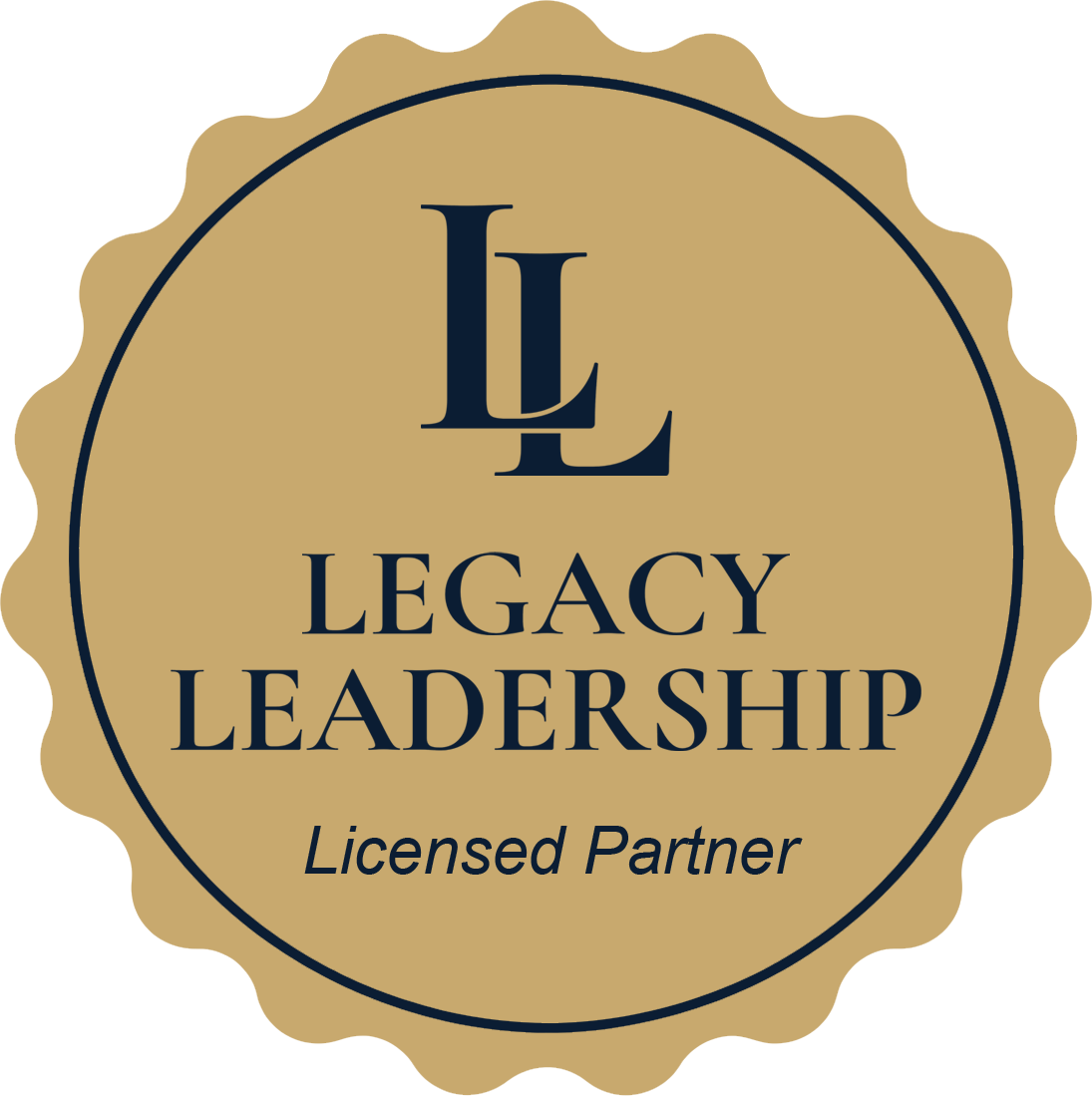 Gold-colored seal with blue border and text, displaying 'LL Legacy Leadership' with 'Licensed Partner' underneath.