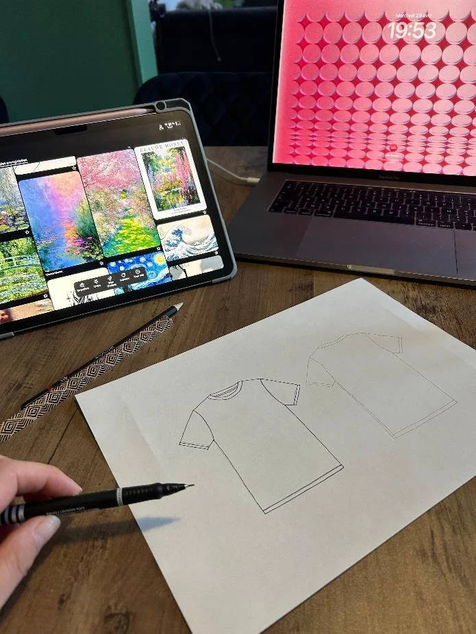 Une table avec une tablette affichant des oeuvres, un ordinateur portable, un stylo, et une feuille de papier avec des croquis de t-shirts. Une main tient un stylo près des croquis.