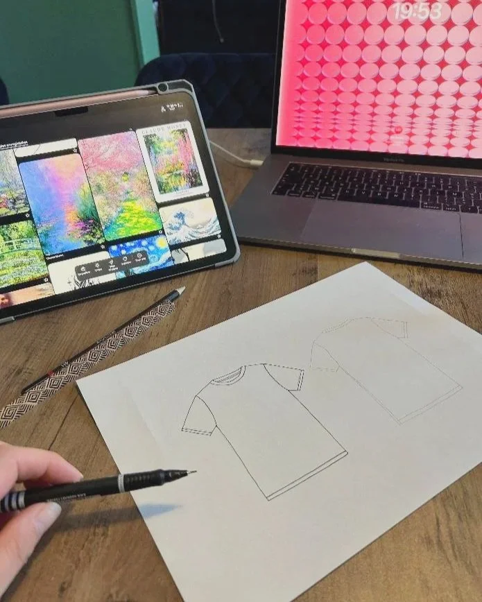 Une table avec une tablette affichant des oeuvres, un ordinateur portable, un stylo, et une feuille de papier avec des croquis de t-shirts. Une main tient un stylo près des croquis.