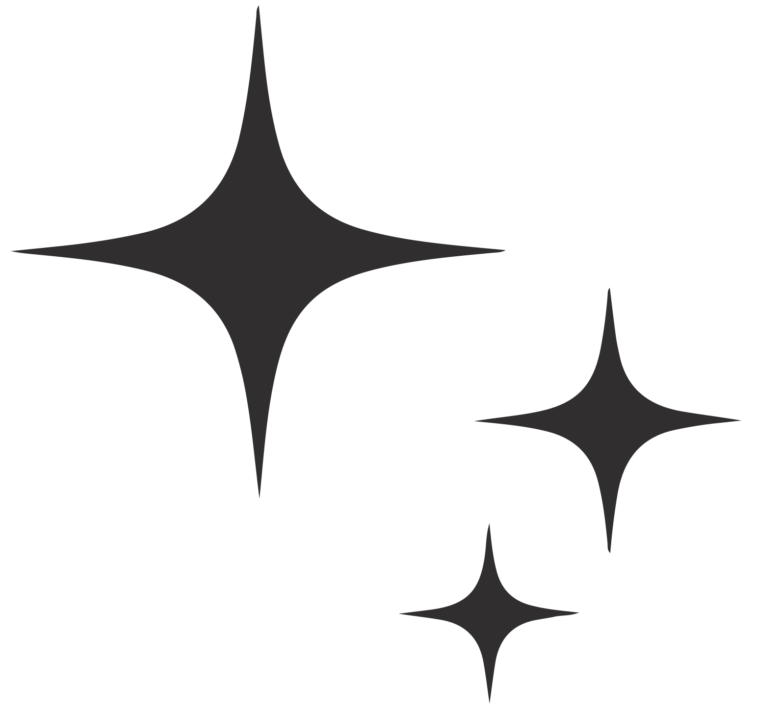 Three black sparkle icons on a white background