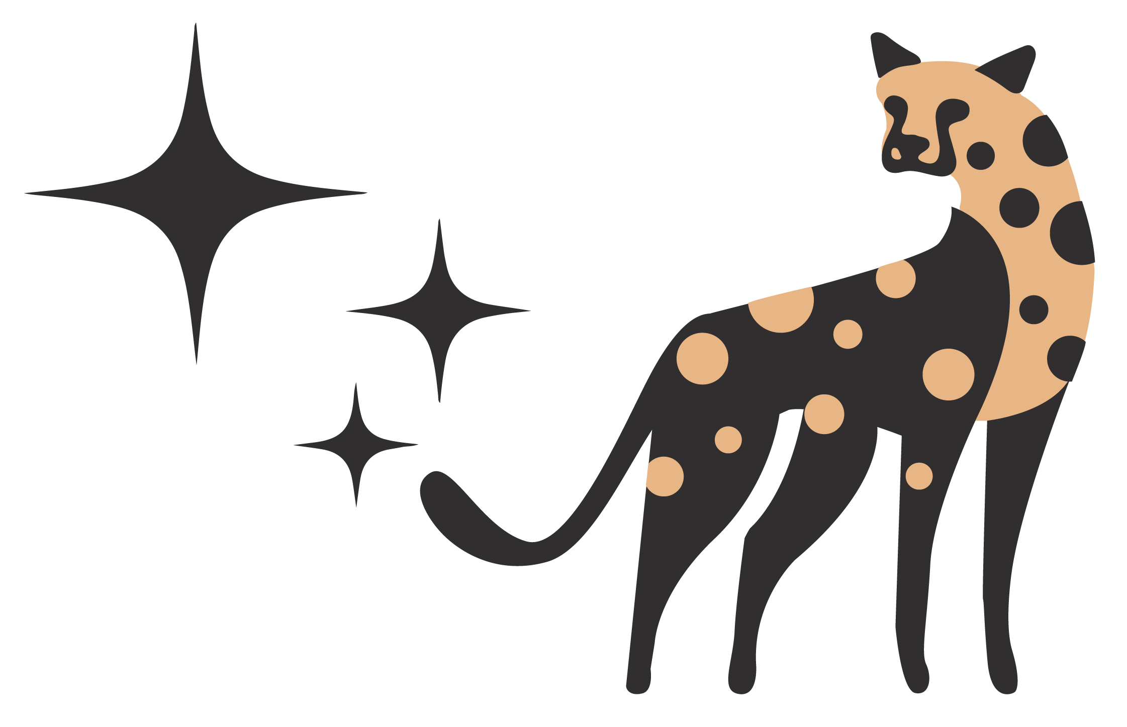 Digital illustration of a cheetah with black spots and a tan coat against a black background with sparkling stars.