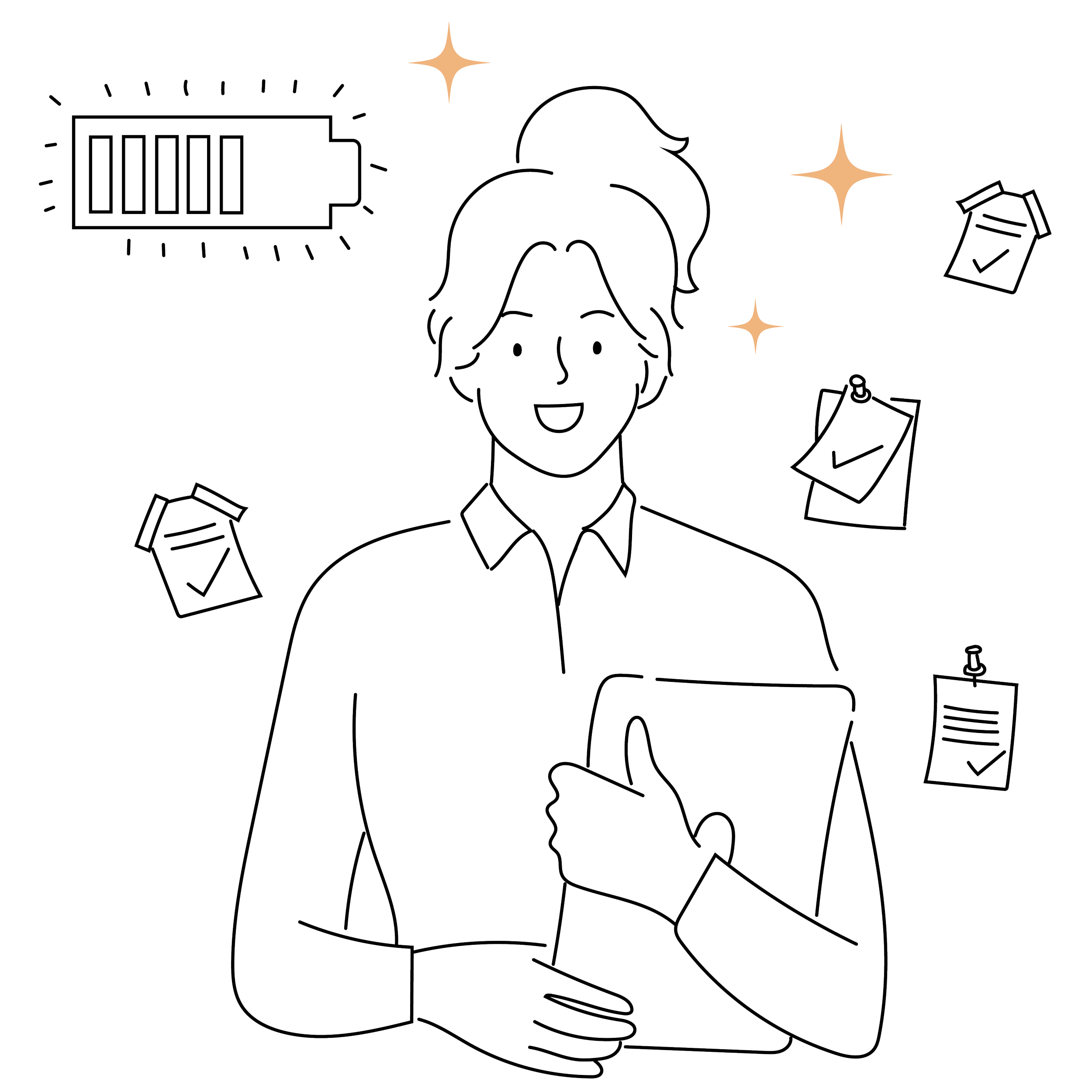 Illustration of a smiling person holding a document, surrounded by checkmarks, paper sheets with checkmarks, and a full battery icon. Stars and sparkles enhance the image.