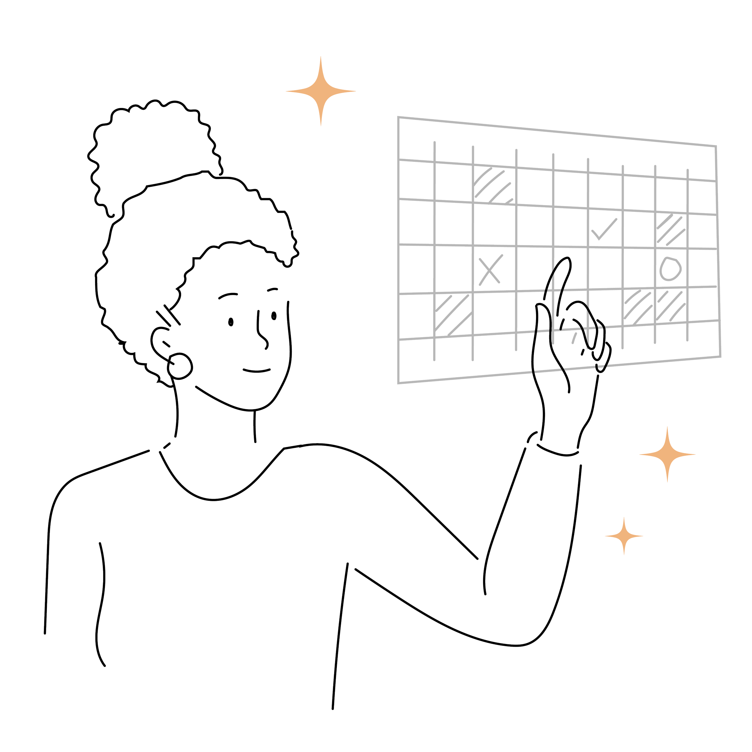 Illustration of a person interacting with a digital calendar interface, with hand gestures indicating selections. Stars accent the scene.