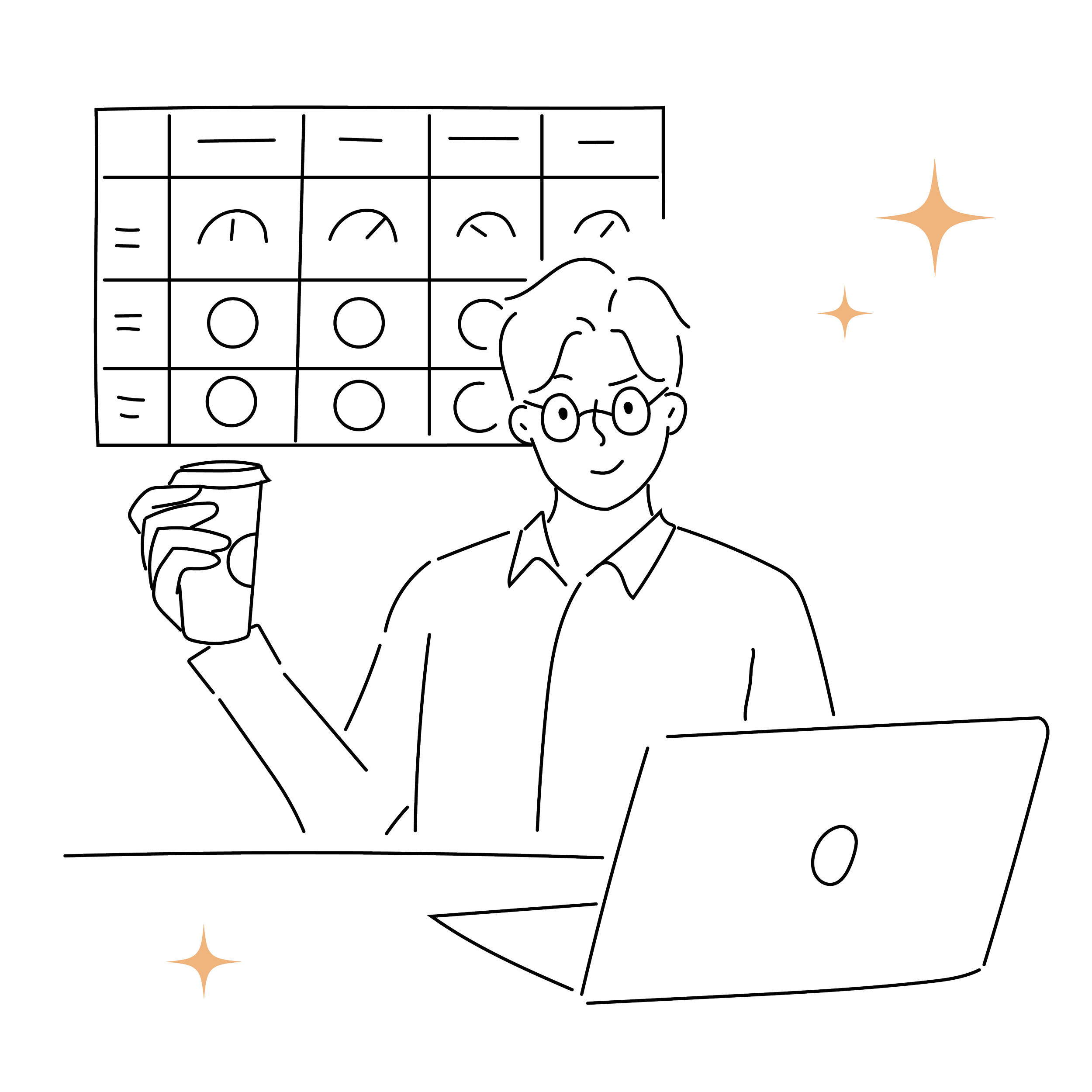 Illustration of a person with glasses holding a coffee cup, sitting at a desk with a laptop and analytics board in the background, adorned with decorative stars.