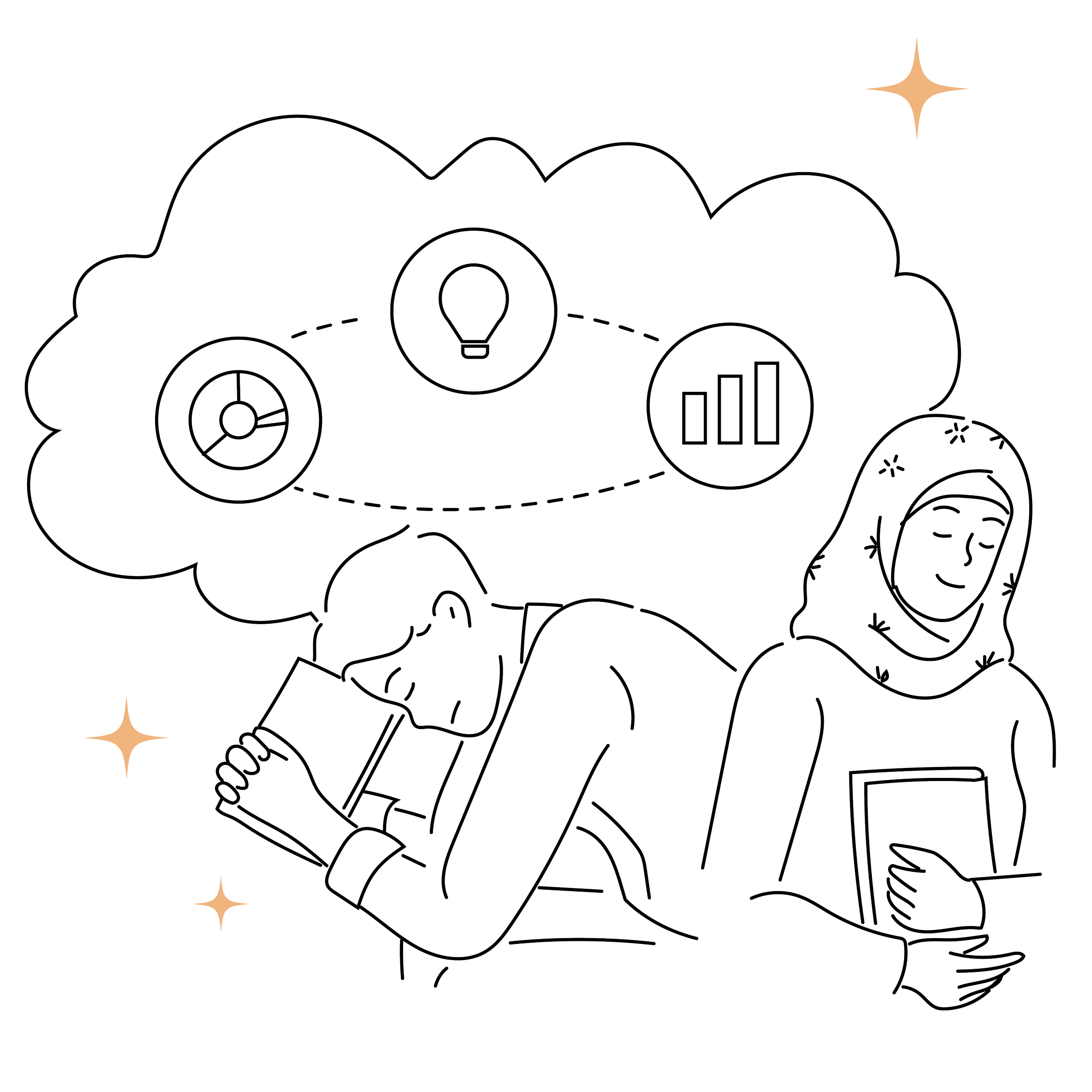 Outline of a cloud with icons inside, including a light bulb, a bar chart, a pie chart, a leaf, and a circle with lines, with sparkles around.