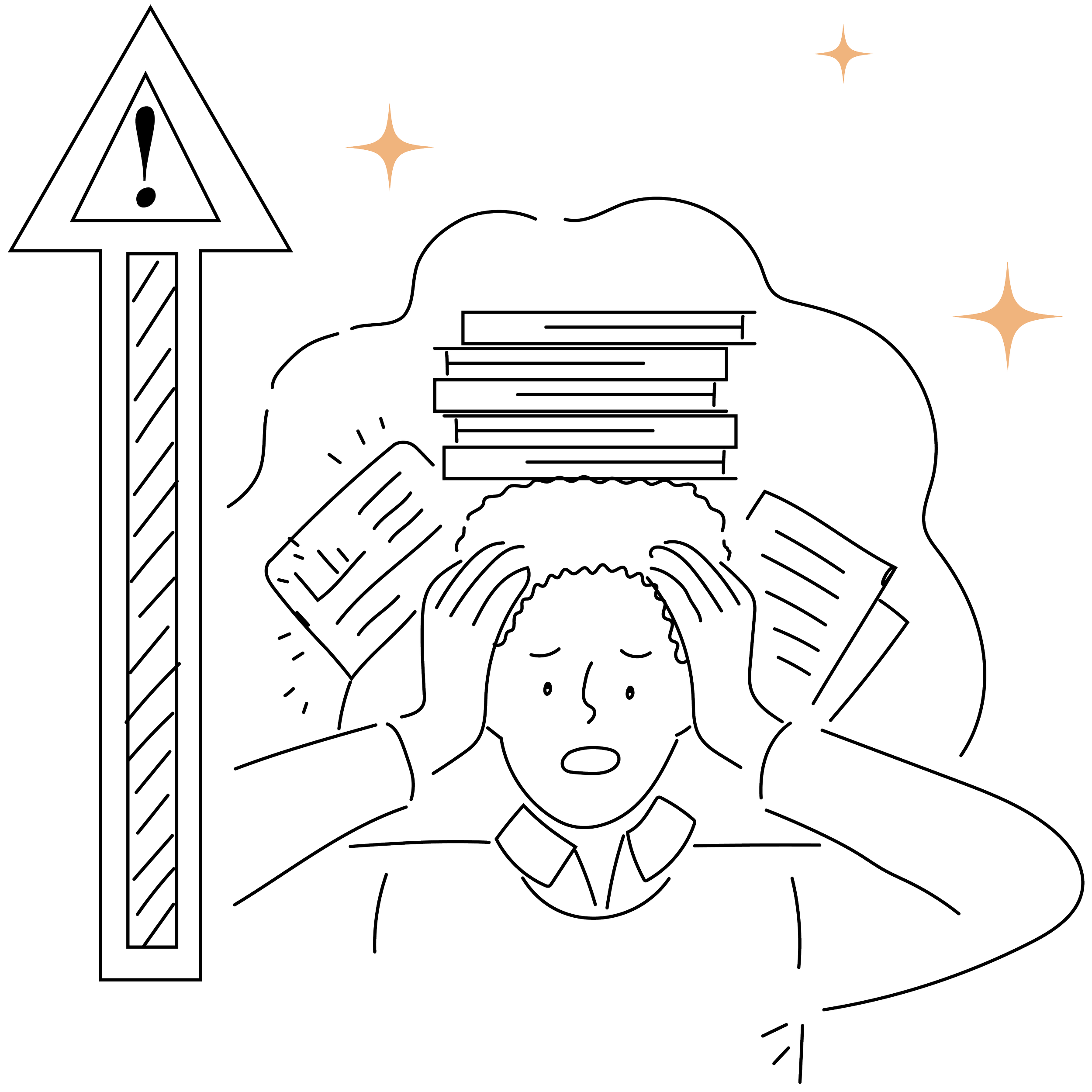Outline drawing of a film clapperboard, a city skyline with a tower, a stack of books, a steaming cup, and stars on a black background.