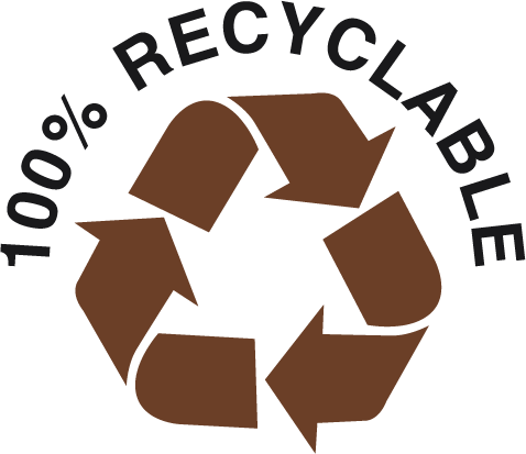 Recycling symbol with the words '100% Recyclable' in black surrounding the brown recycling arrows.