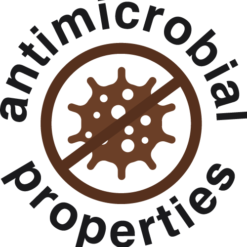 Circular logo with a line through it, featuring a stylized microbe, and the text 'antimicrobial properties' around the circle.