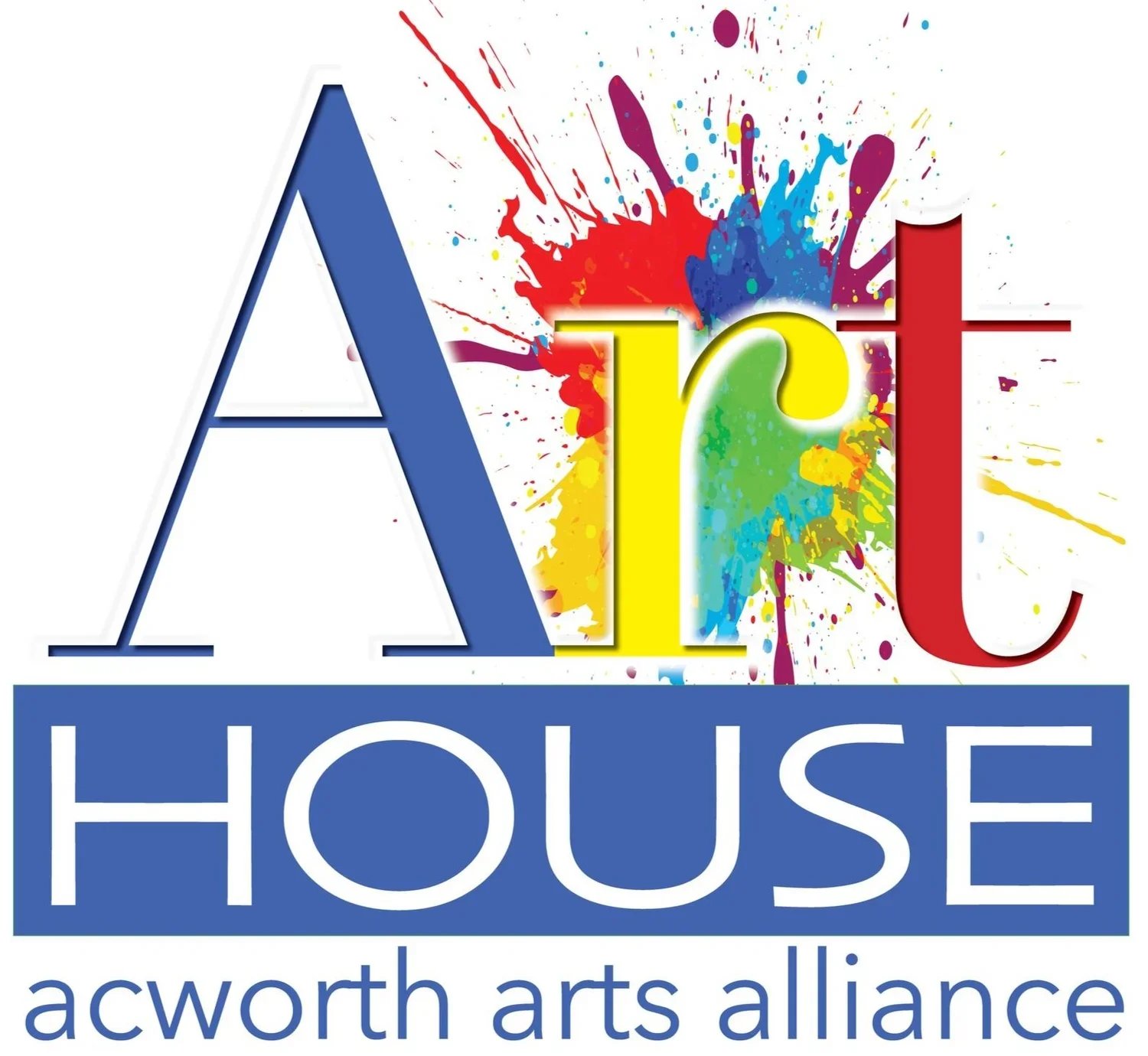 The logo of Art House with large stylized letters 'A', 'r', 't' in different colors and a colorful paint splash background, with the text 'art house' and 'acworth arts alliance' underneath.