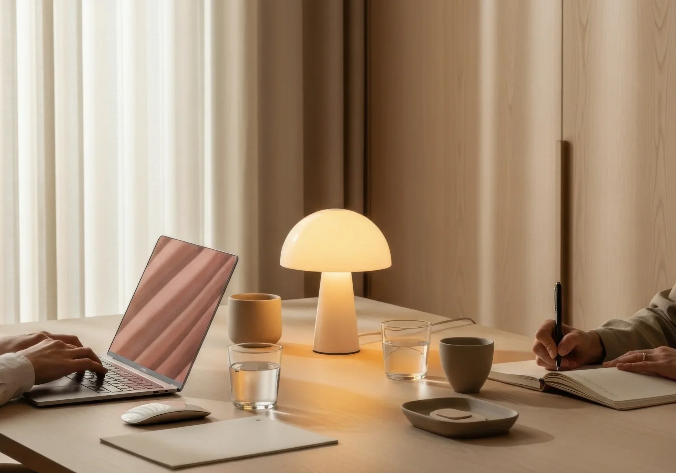 People working on a laptop at a dining table with glasses, bowls, a lamp, and a notebook, with a window and curtains in the background.