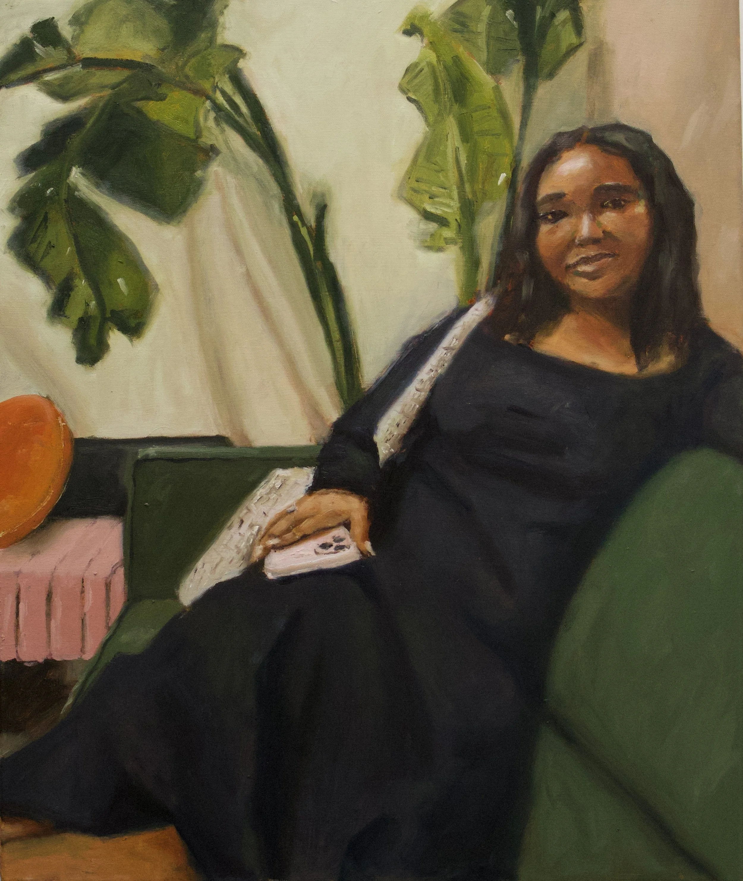 "Jael sitting on a green couch": 2026, 18"x 24", oil paint, Canvas